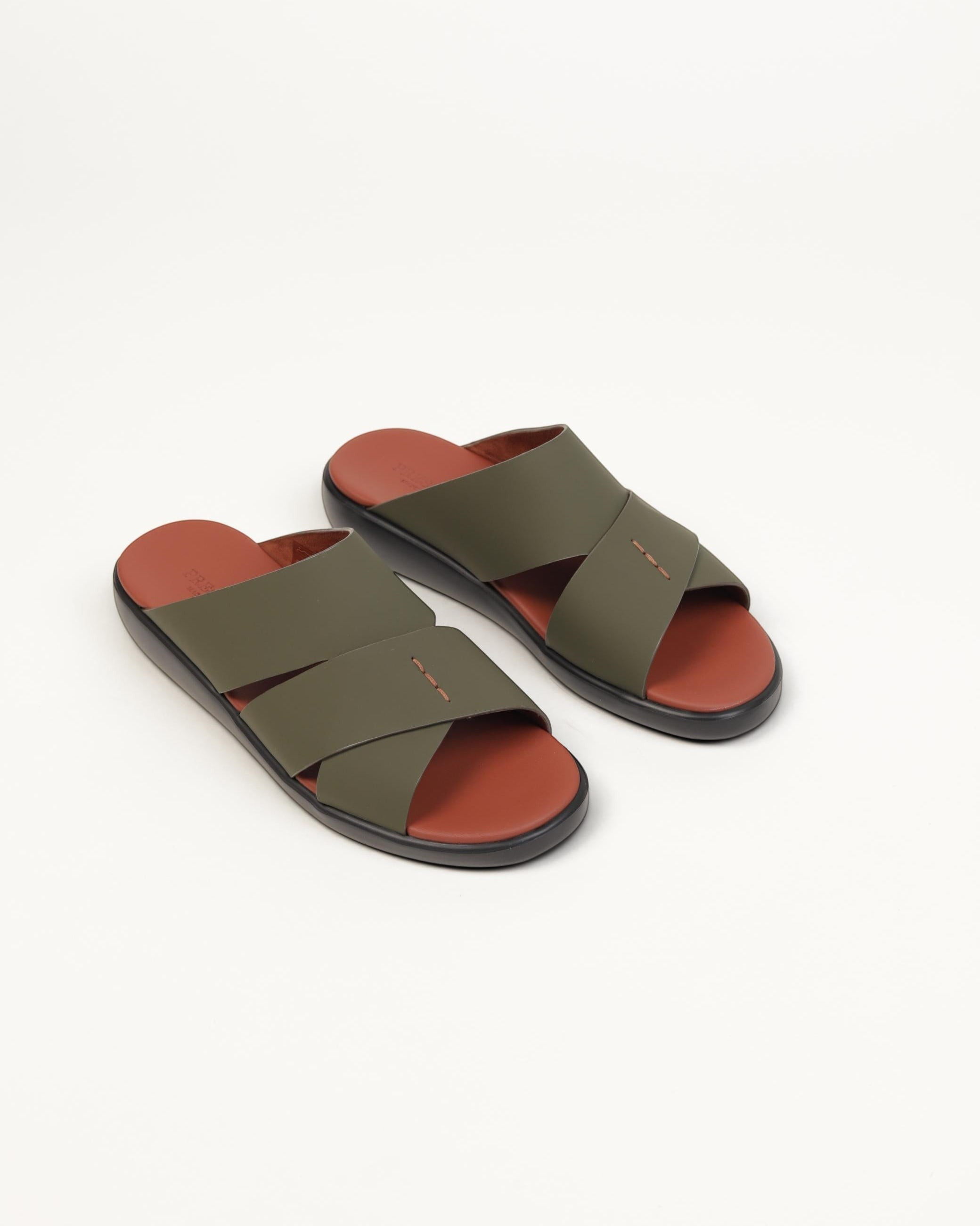 Prestige men's extra light olive green sandals with a cross-strap design and contrasting tan footbed.