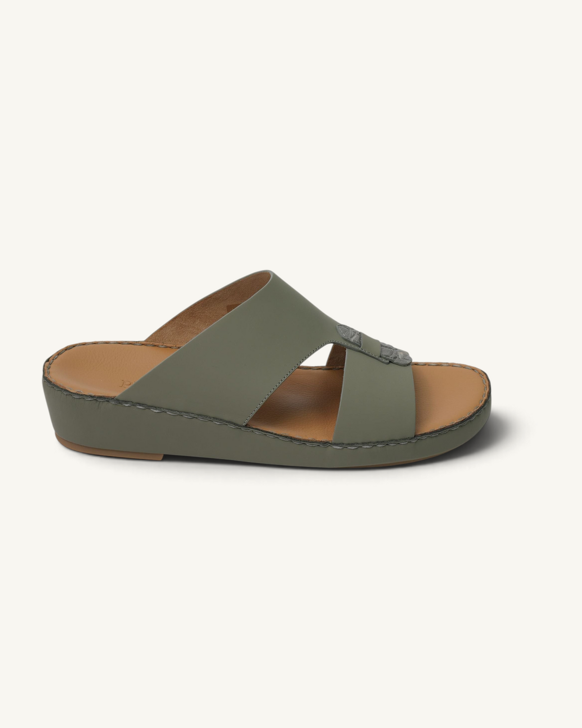 Prestige P3311 Centurion slide sandals in matt olive green leather with a crocodile texture detail on the strap