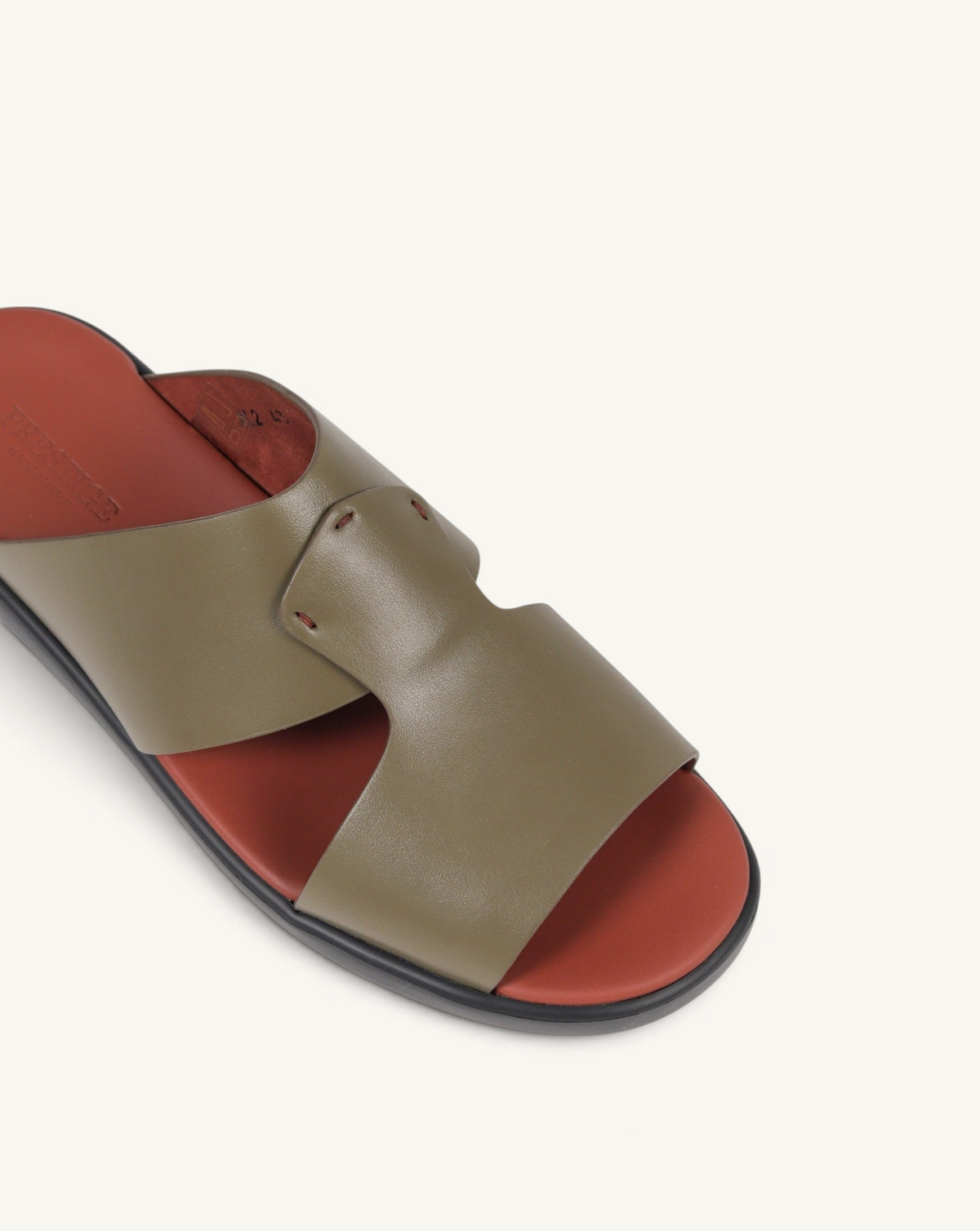 Prestige olive green soft nappa calf leather military-style slide sandal with a contrasting red footbed