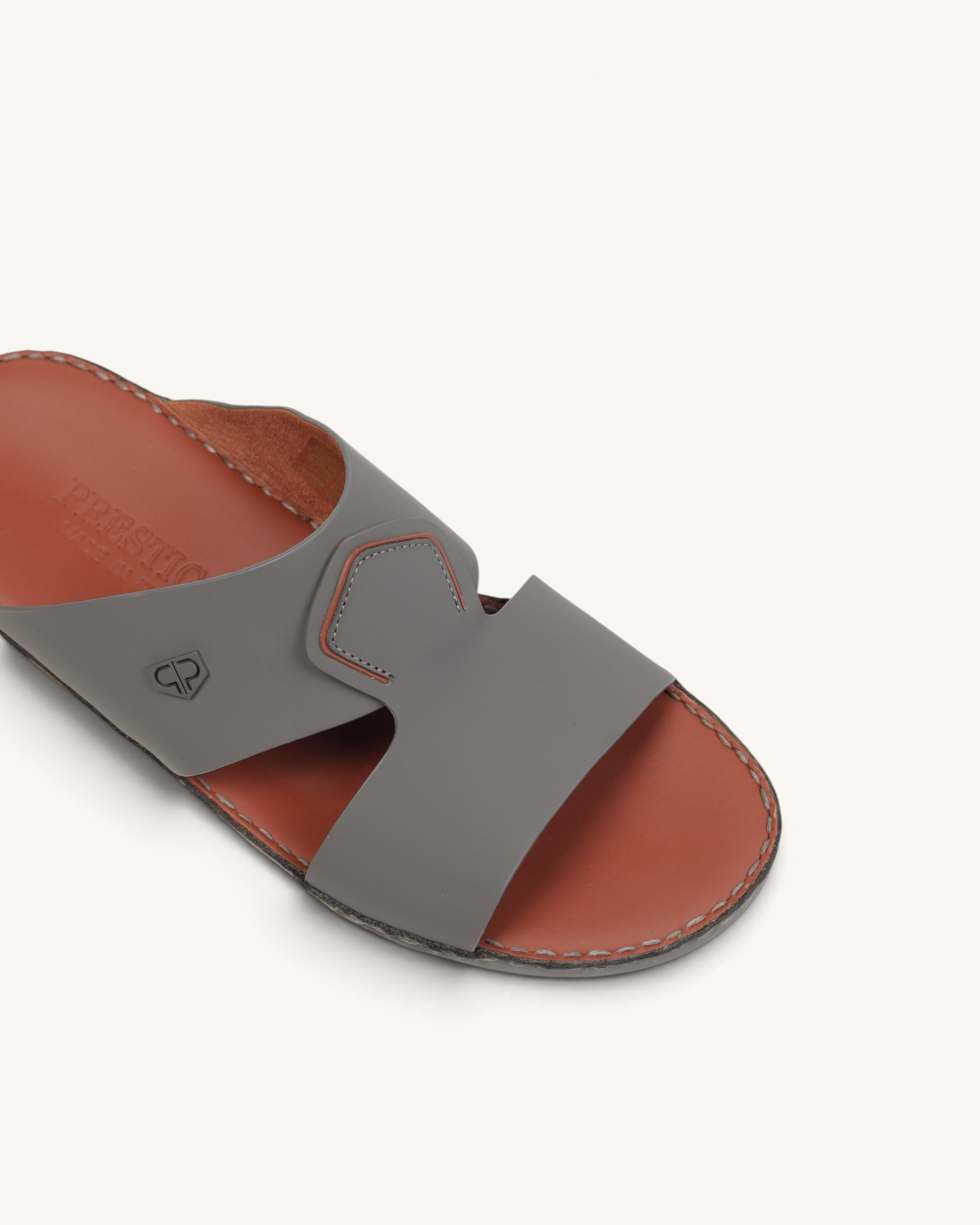Prestige P3436 Vintage Lux Matt slide sandals in anthracite grey leather with a tan footbed and logo detail