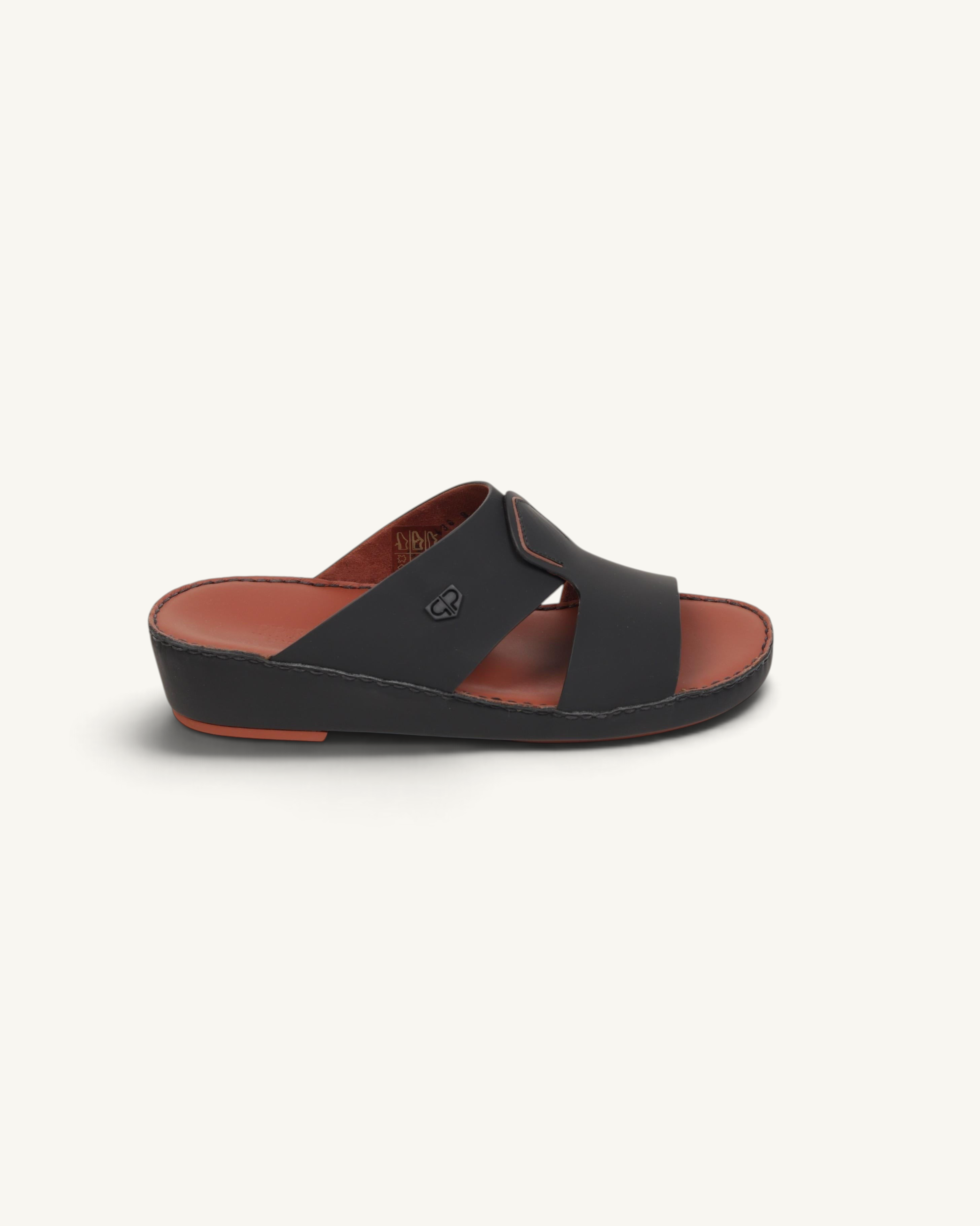 Prestige P3436 VINTAGE LUX MATT black leather slide sandals with a brown footbed and side logo detail