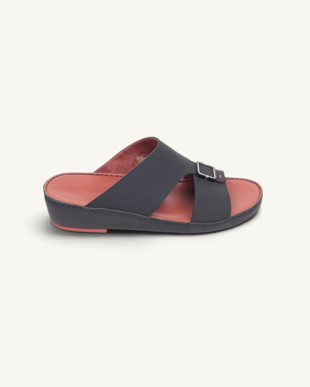 Prestige P3439 LEGACY LUX matt black leather slide sandal with a side buckle and contrasting red cushioned insole