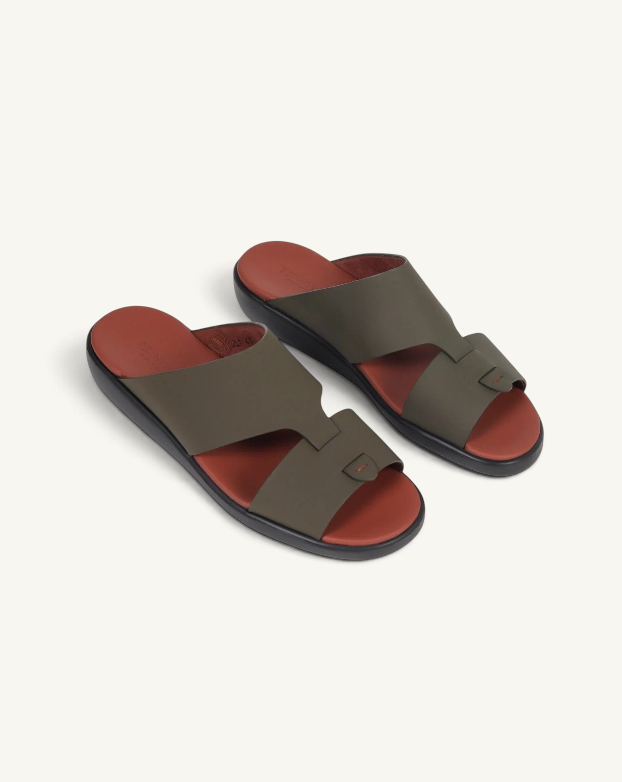 Prestige PG-XL1 Gommato military green leather slide sandals with a contrasting terracotta red footbed