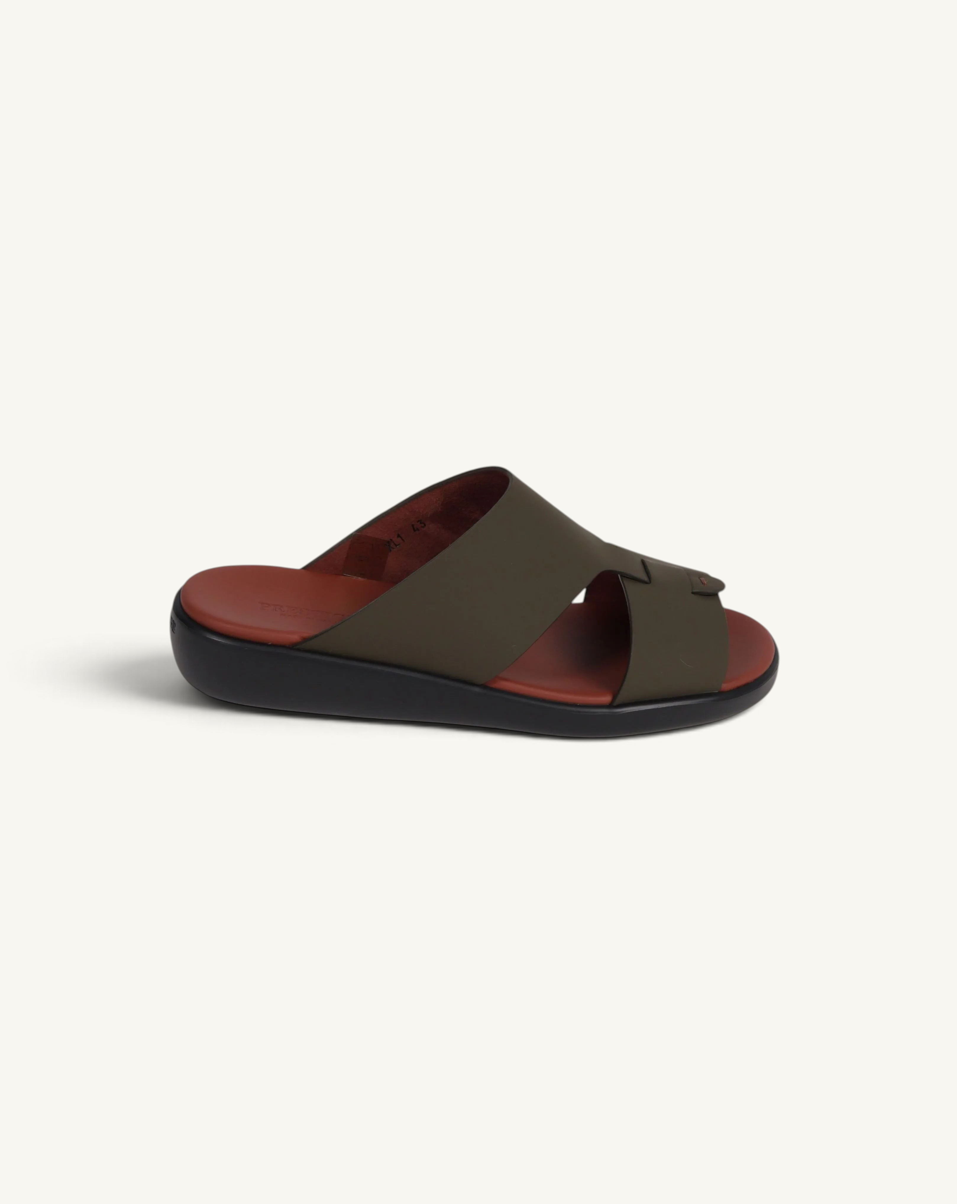 Prestige PG-XL1 Gommato military green slide sandal with a rust-colored leather footbed and black rubber sole.