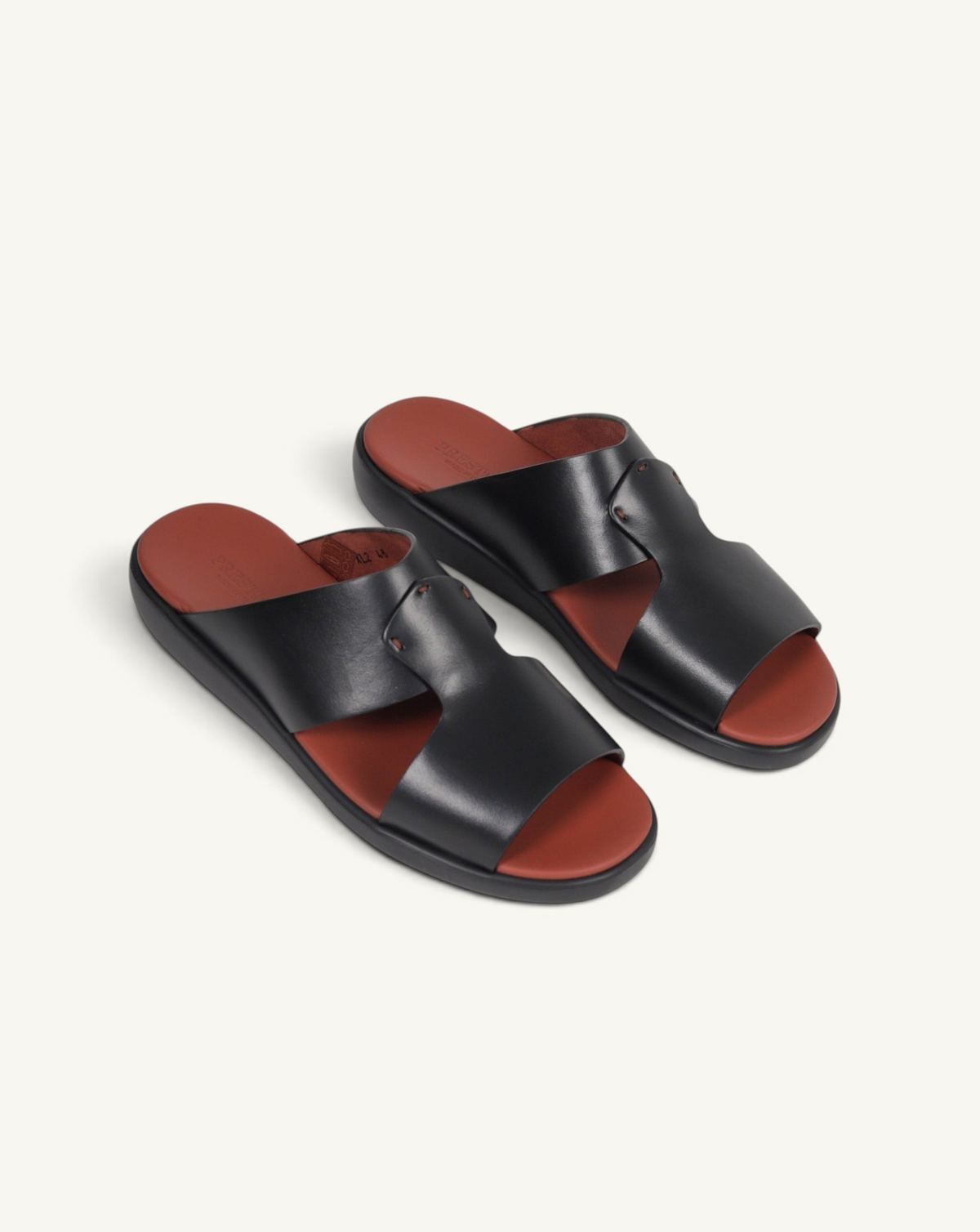 Prestige PG-XL2 Gommato black leather slide sandals with a contrasting rust-coloured footbed