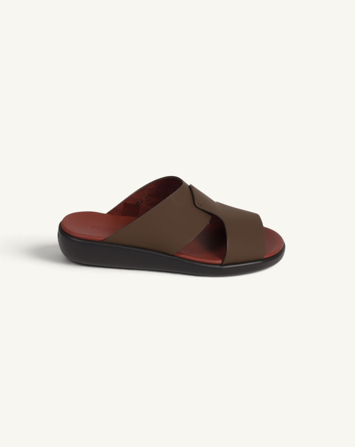 Prestige PG-XL2 Gommato Copper slide sandals featuring a dark brown leather strap and a reddish-brown footbed.