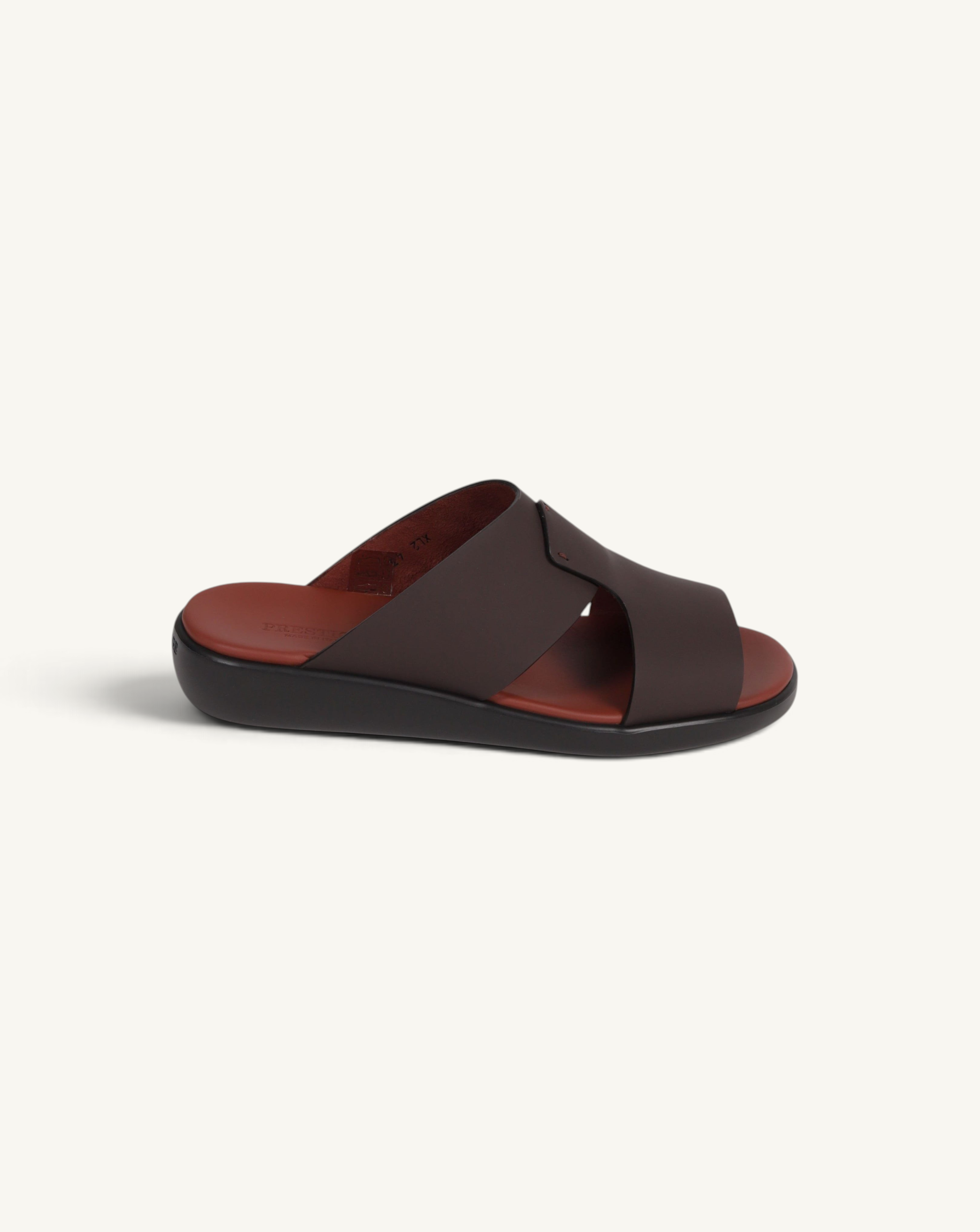 Prestige PG-XL2 Gommato Nutella slide sandal in dark brown leather with a contoured footbed and wide strap design.
