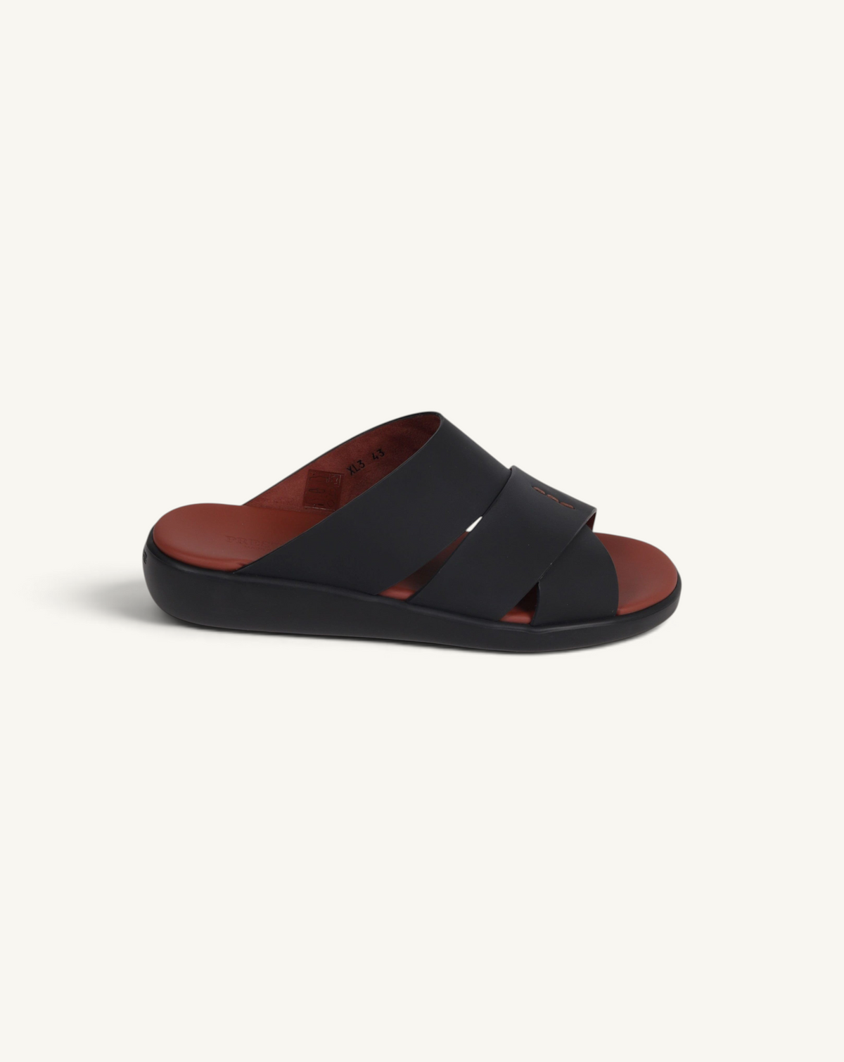 Prestige PG-XL3 Gommato black slide sandals with wide crossover straps and a contrasting brown leather footbed