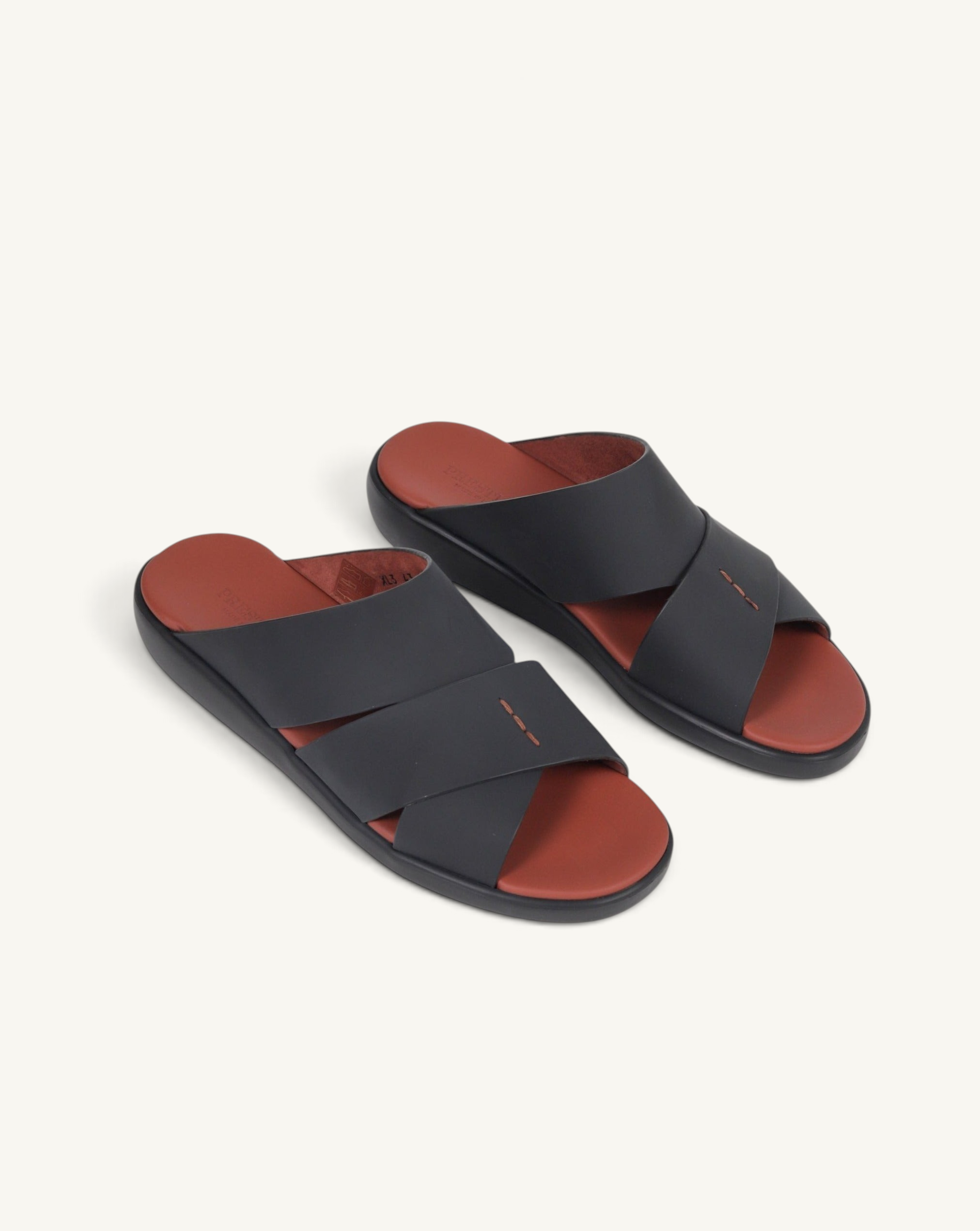 Prestige PG-XL3 Gommato black slide sandals featuring wide crisscross straps and a contrasting terracotta footbed