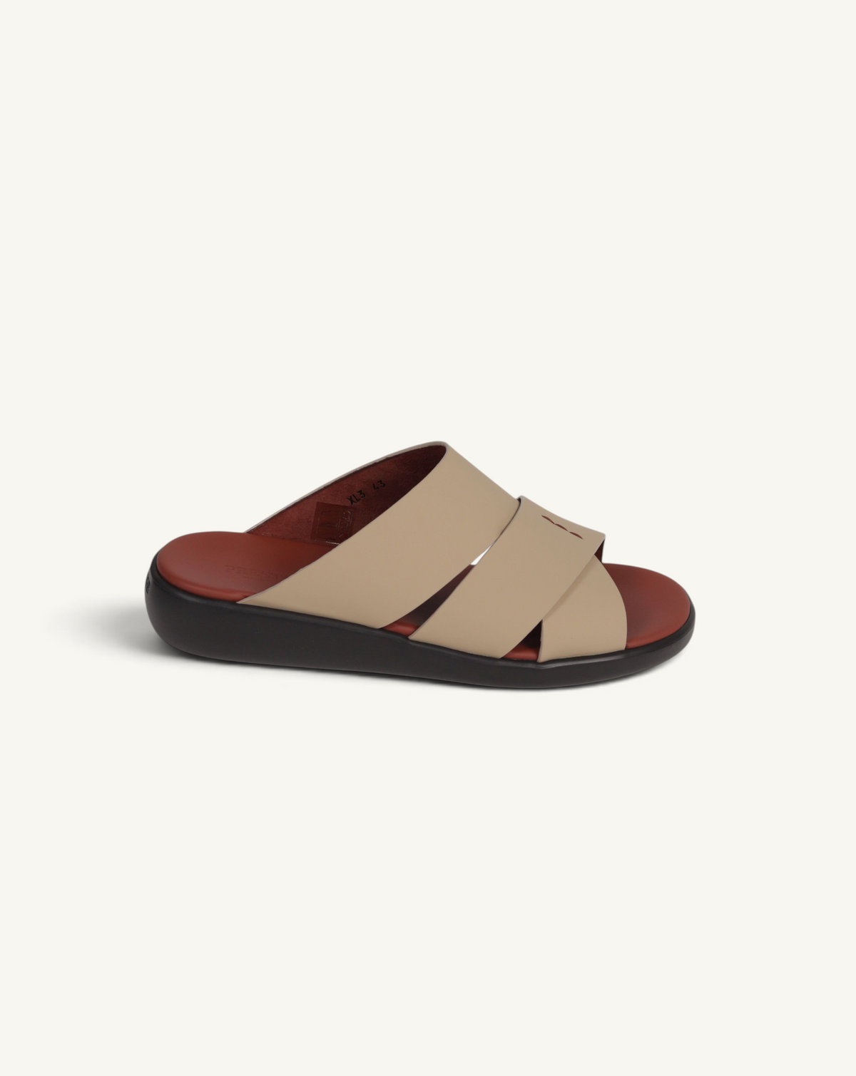 Prestige PG-XL3 Gommato slide sandals in cappuccino beige with a dark brown footbed and wide crossover straps