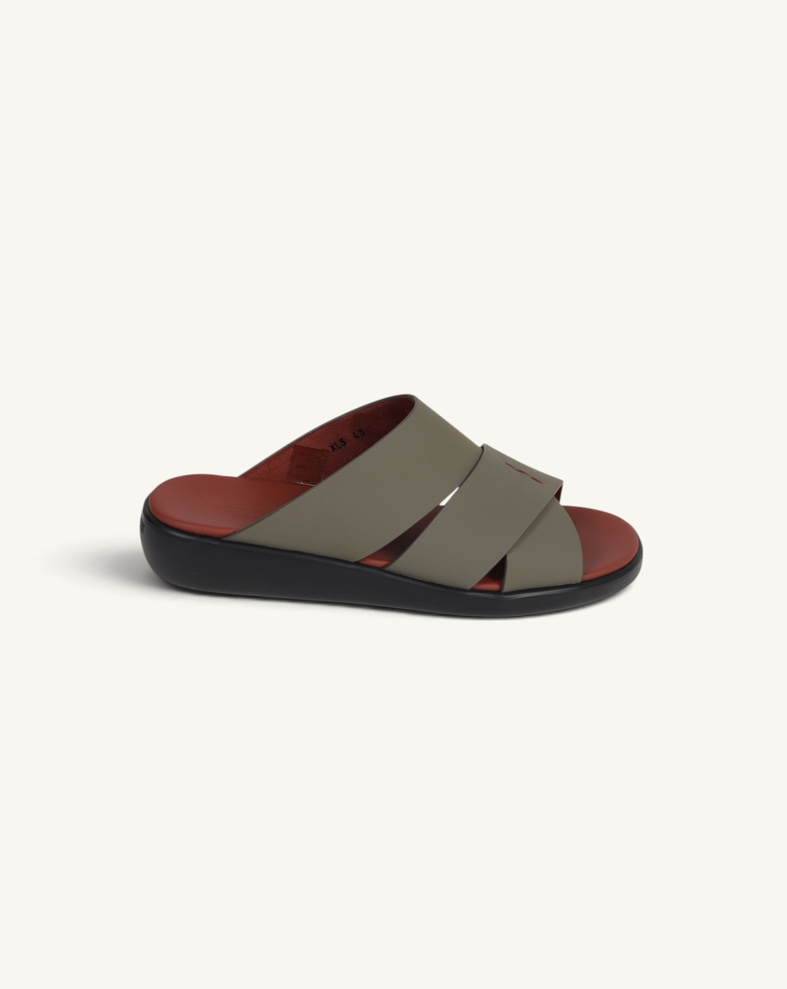 Prestige PG-XL3 slide sandal in quartz grey rubberized leather with a contrasting terracotta red footbed