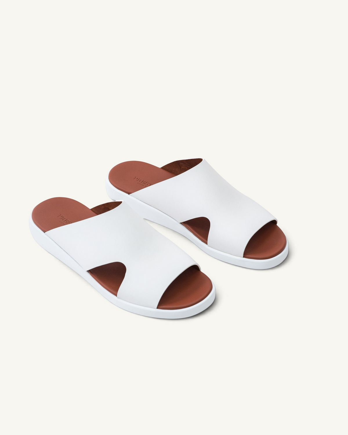 Prestige PG-XL5 Lord Gommato white leather slide sandals with a brown footbed and lightweight white sole