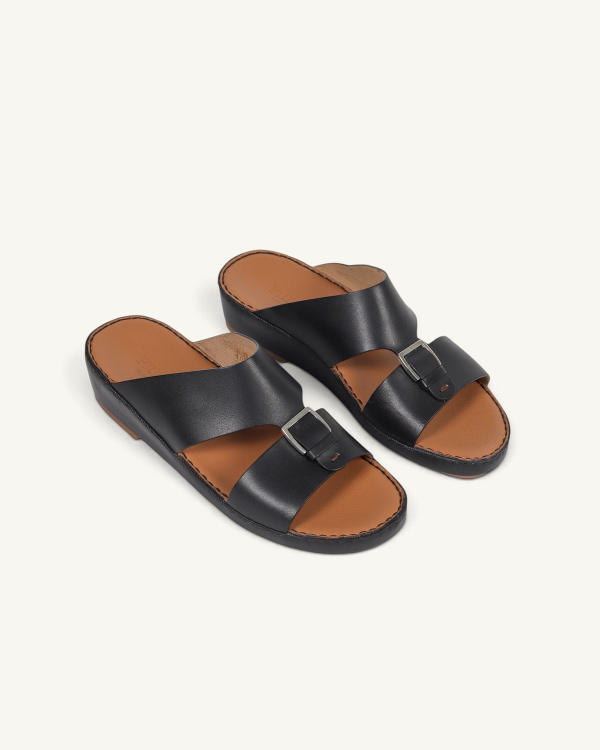 Prestige P3344 Phantom black leather slide sandals with adjustable buckle straps and tan footbed