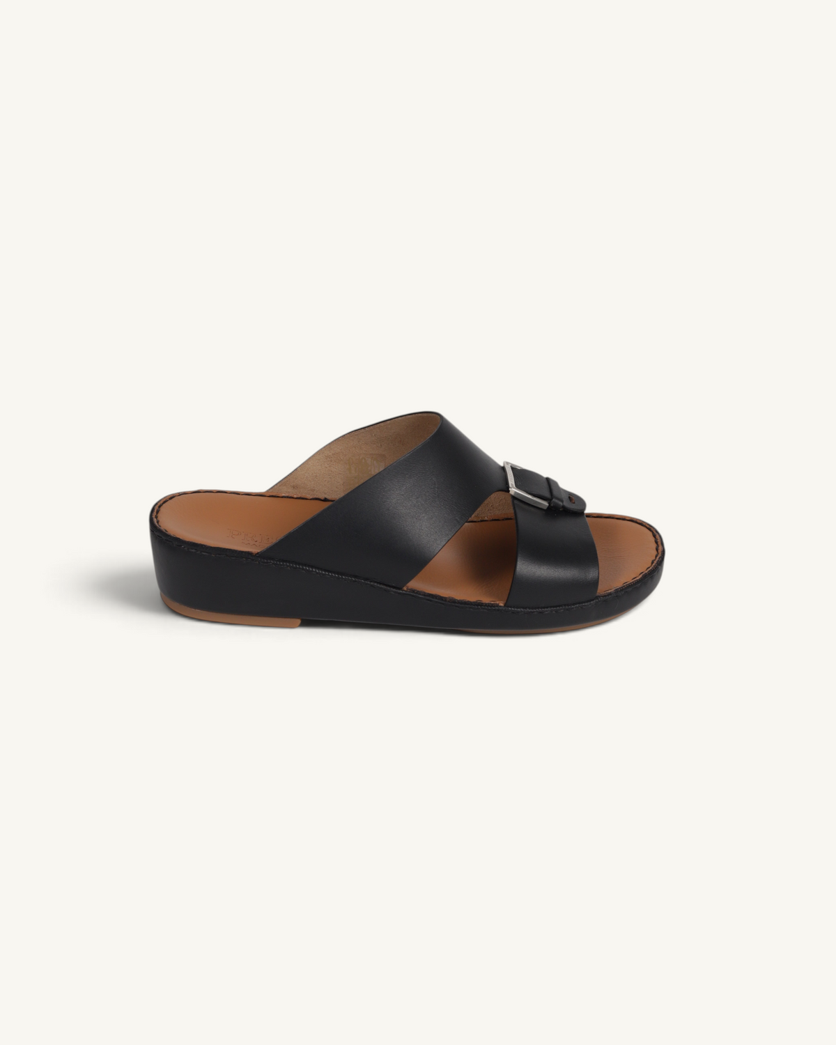 Prestige P3344 Phantom NC black leather slide sandal with a side buckle and comfortable footbed