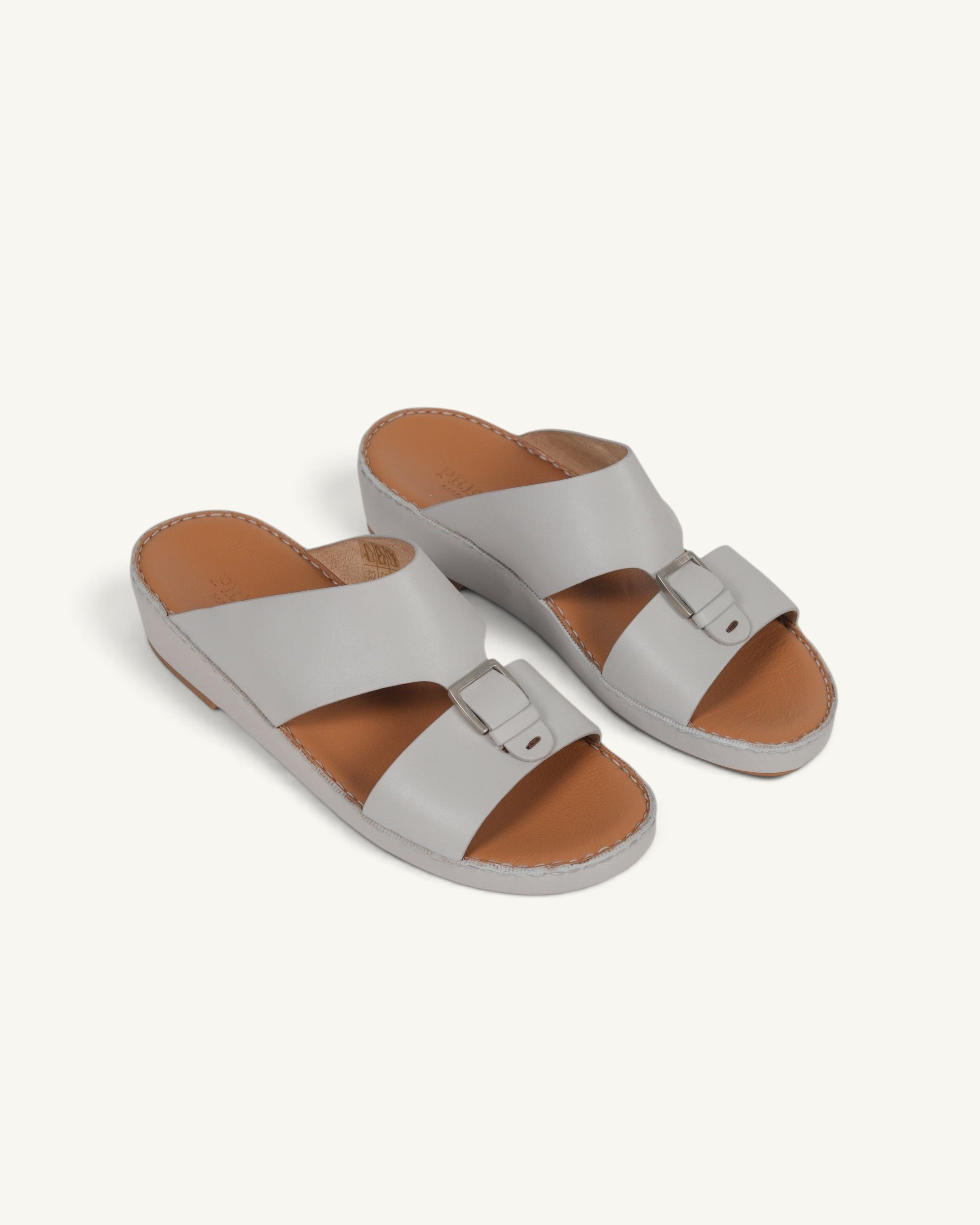 Prestige P3344 Phantom NC Perla light grey leather slide sandals with adjustable buckle straps and tan insoles