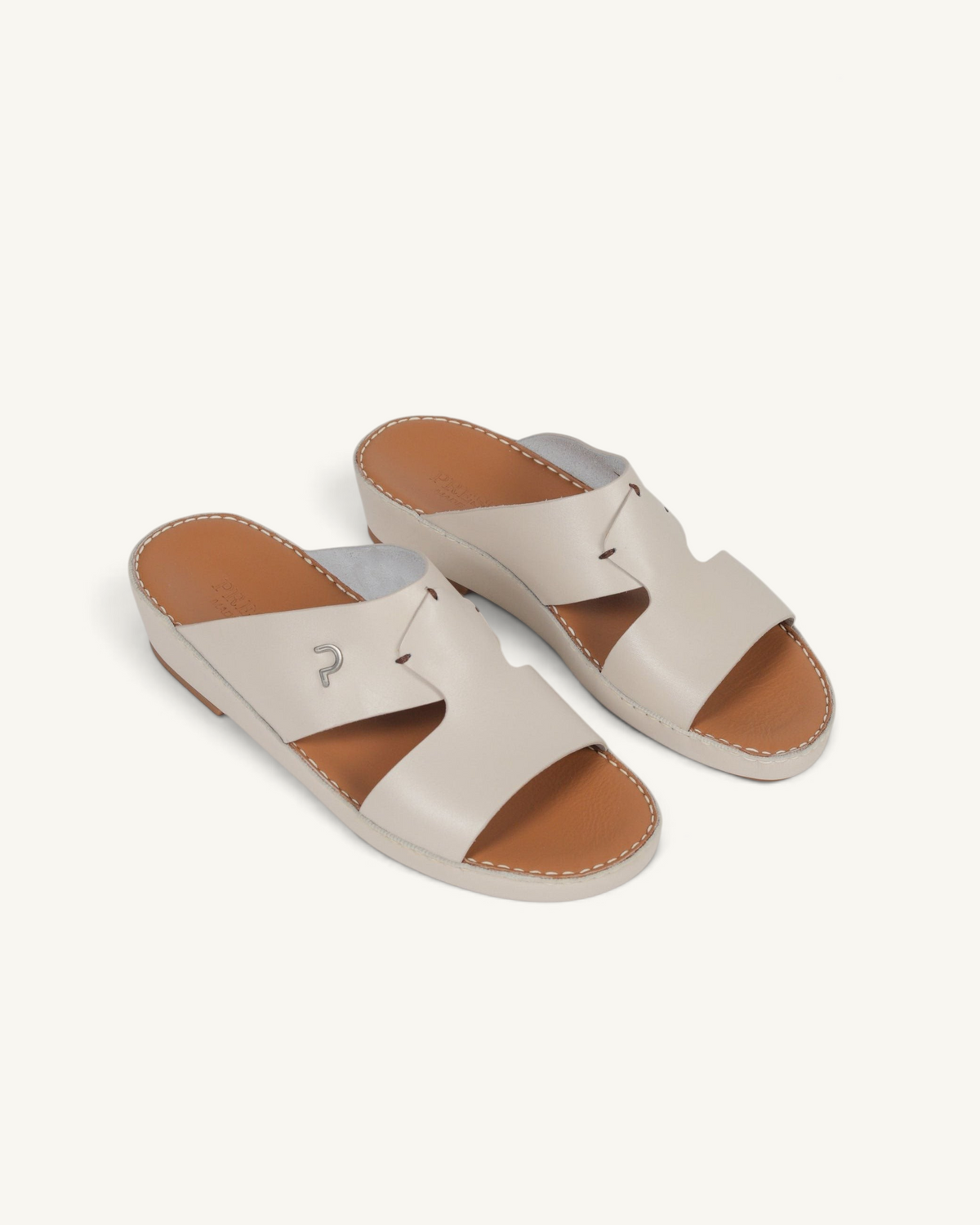 Prestige P3345 Phantom NC slide sandals in milk white leather with a tan footbed and silver logo detail