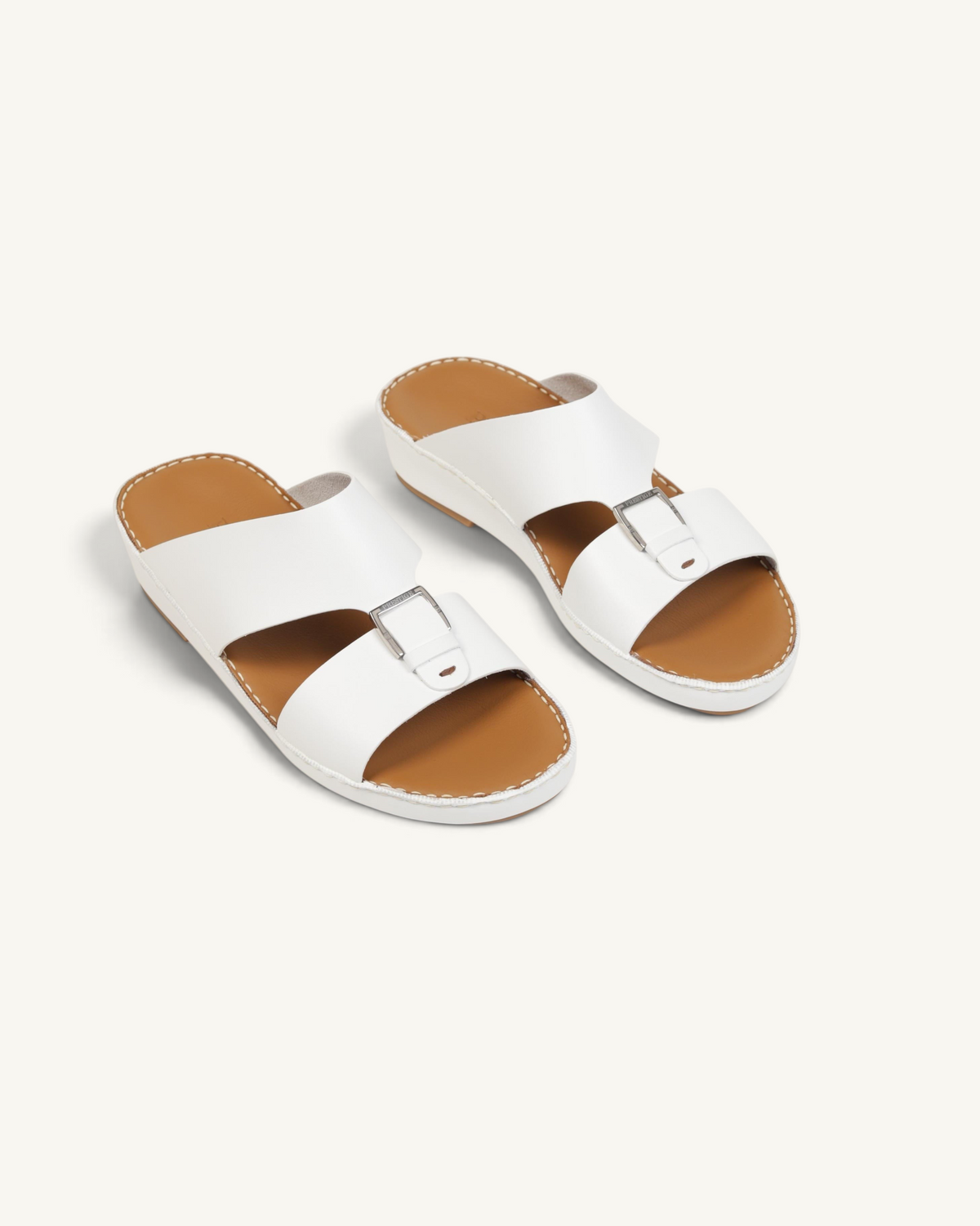 Prestige P3344 Phantom NC white leather sandals with silver buckles and tan insoles on a white background