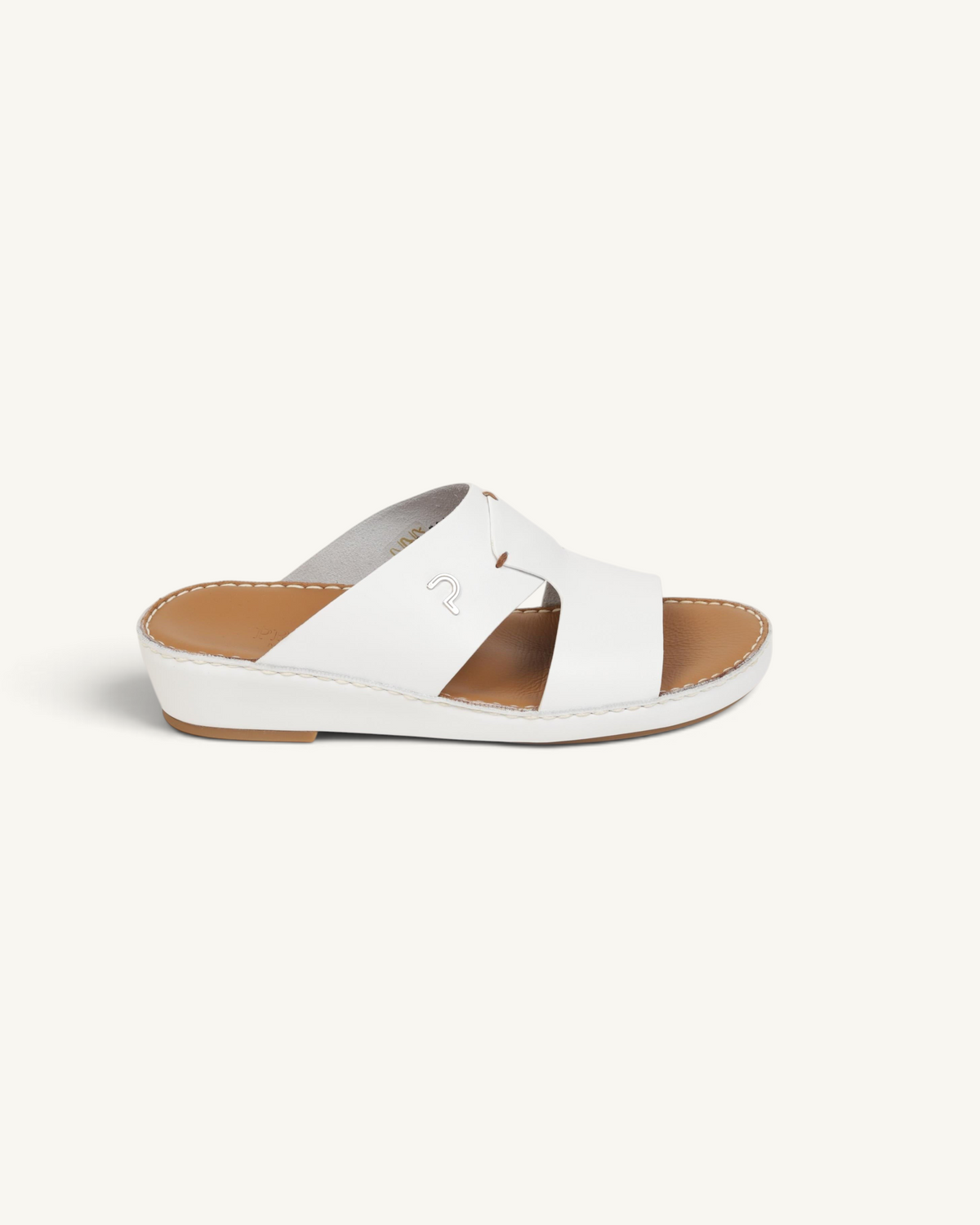 Prestige P3345 Phantom white leather slide sandal with a tan footbed and subtle metallic logo detail