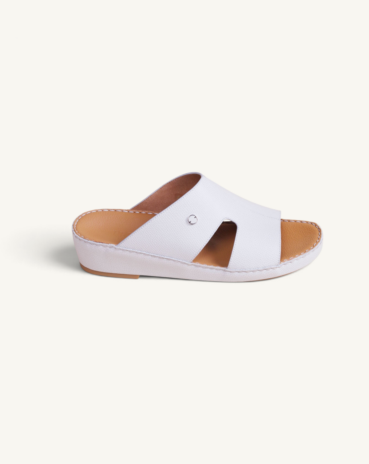Prestige Portofino Goteborg slide sandal in white nappa leather with a tan footbed and metallic side detail