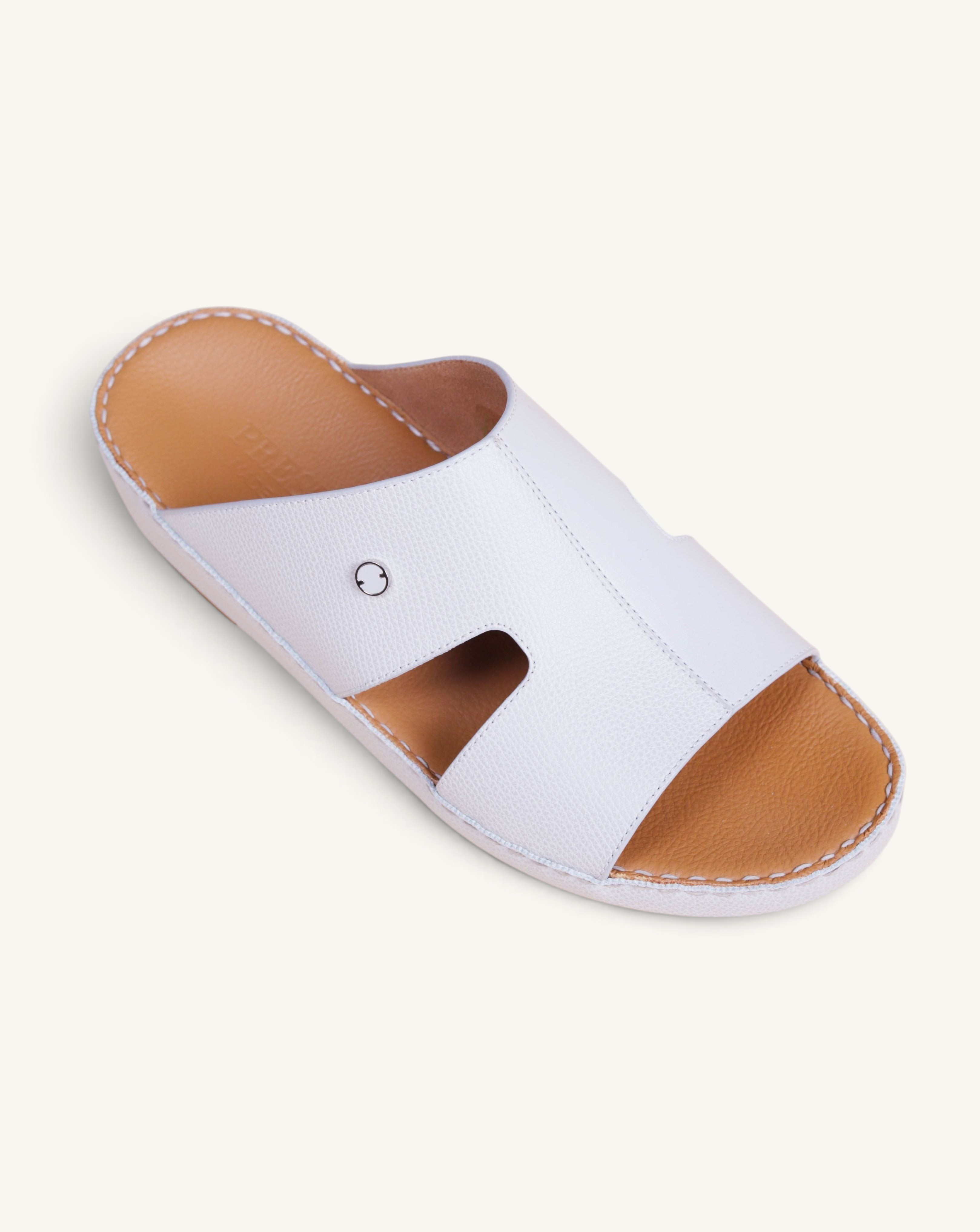 Prestige Portofino slide sandal in white nappa leather with tan leather insole and stitched detailing.