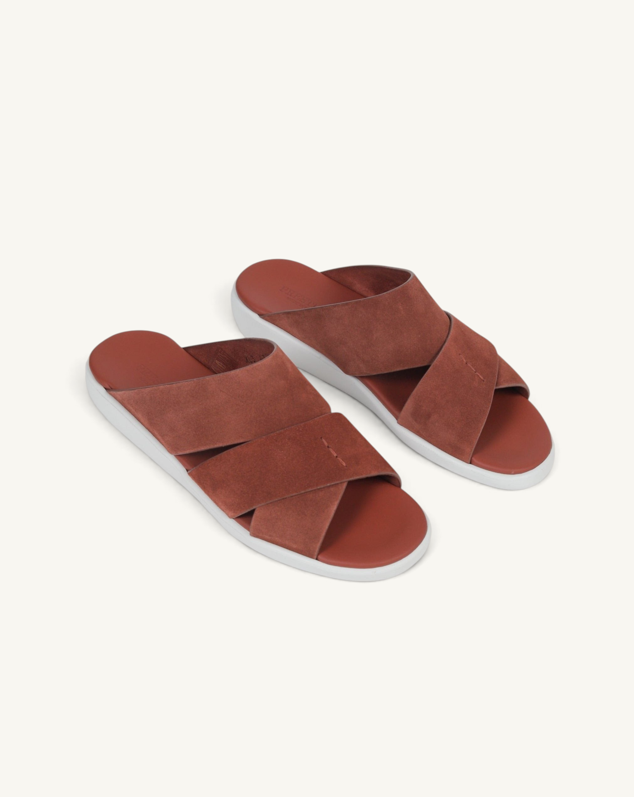 Prestige PVNL-XL3 Velour Sport Line Cortecia slide sandals in rust-colored suede with a white rubber sole.