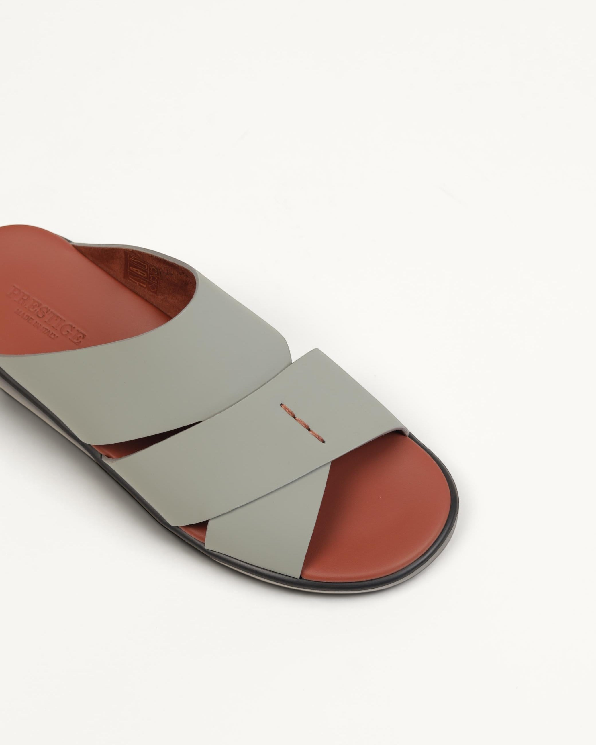 Prestige men's extra light slide sandals in sage green leather with a contrasting terracotta footbed