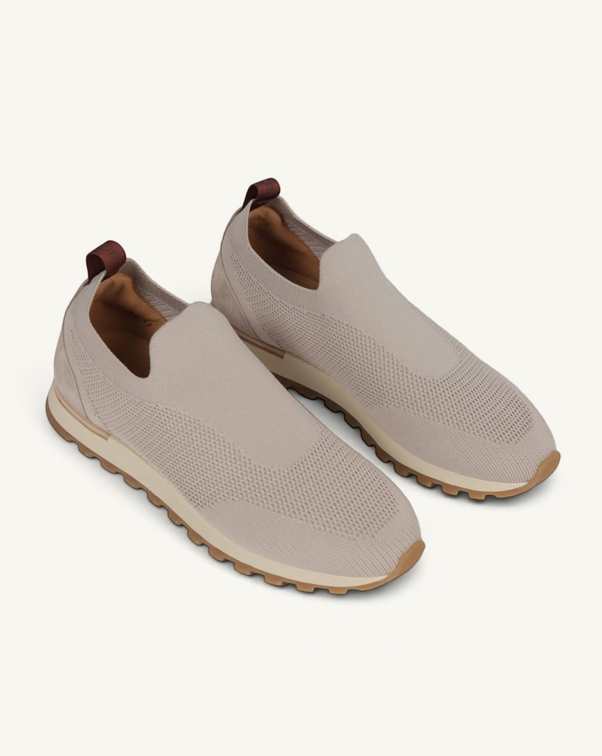 Prestige PS-U5316 Flexy Active runners in seppia beige knit fabric with a slip-on design and durable rubber sole.