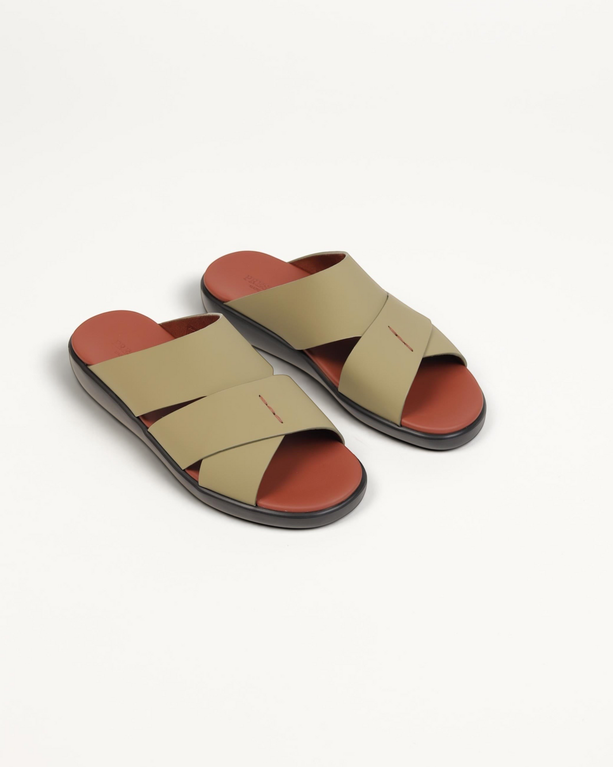 Prestige men's extra light sandals in seppia olive green with a terracotta red footbed and black sole.
