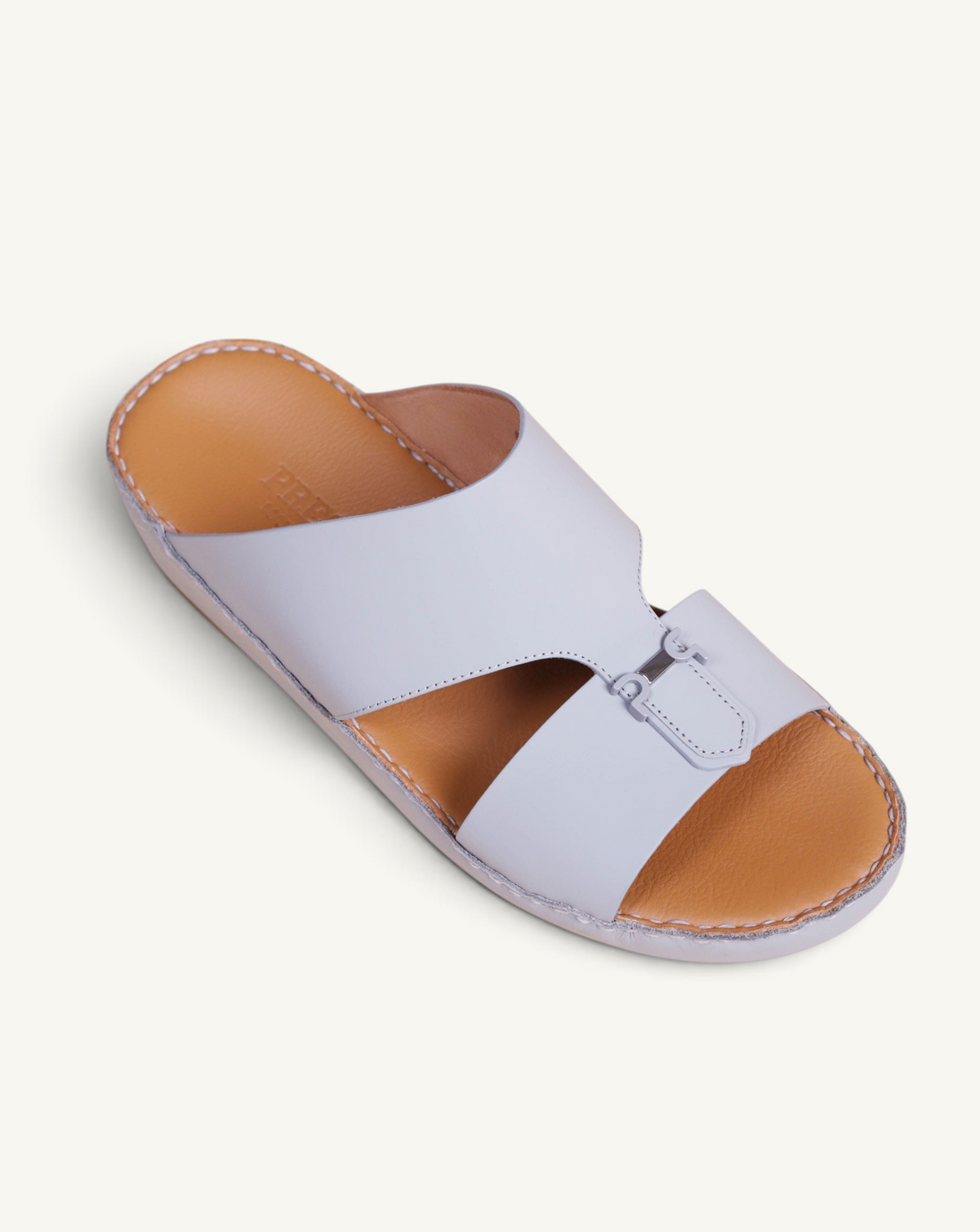 Prestige Signature Matt Perla men's classic leather sandals in light grey with a tan footbed and buckle detail