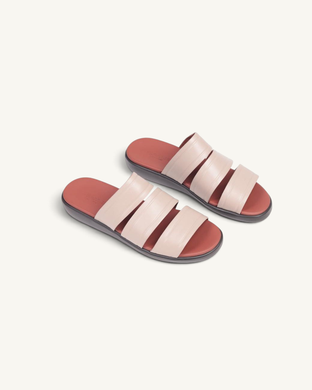 Prestige PSNC-XL7 taupe soft nappa calf leather slide sandals with three straps and a comfortable contoured footbed.