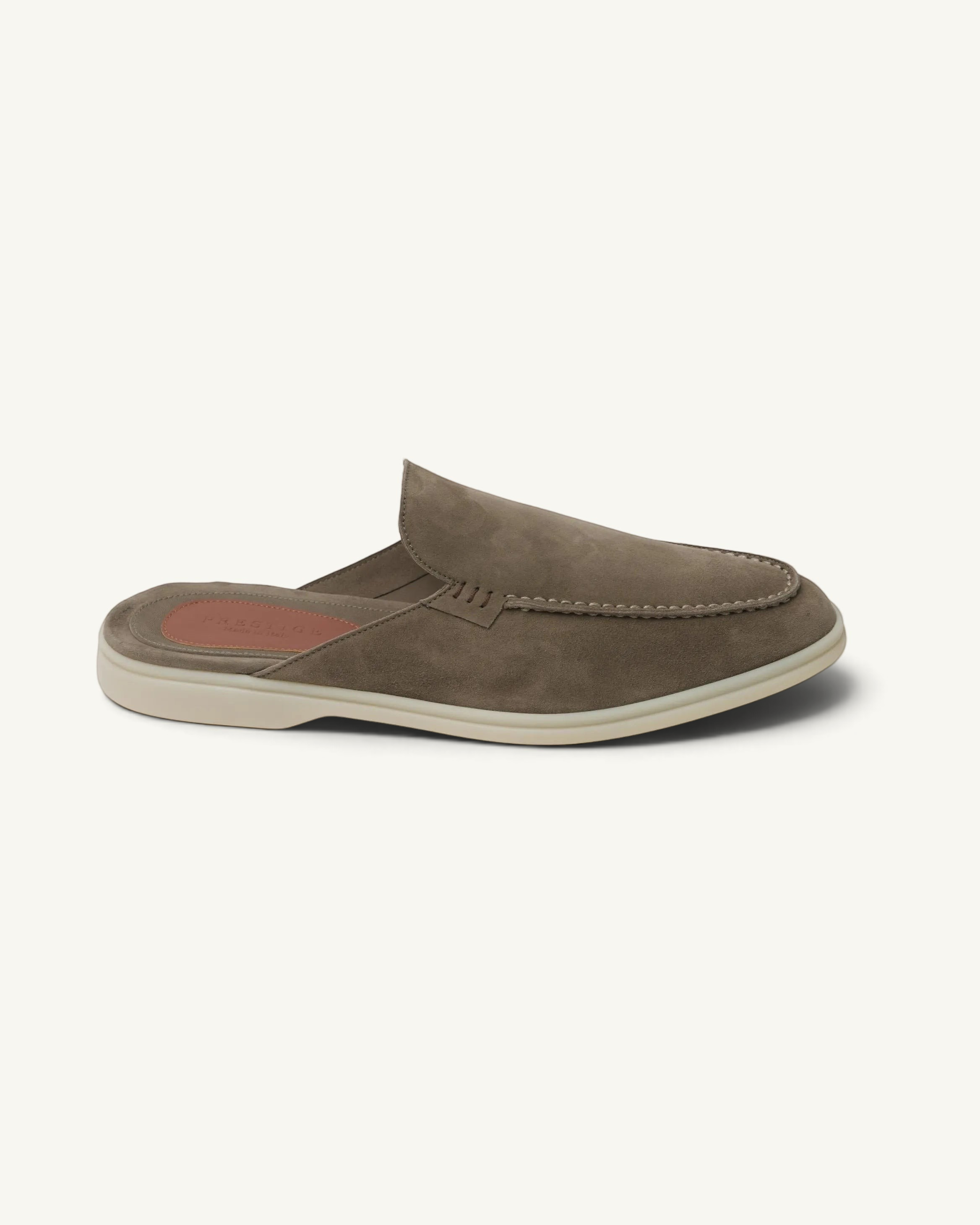 Prestige PSM93S Babouche Walk slip-on mule in taupe suede with white rubber sole and moccasin-style stitching