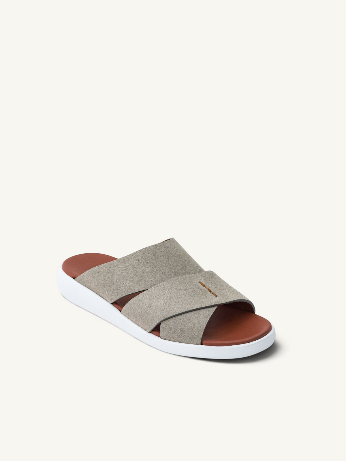 Prestige PVNL-XL3 Velour Sasso slide sandals featuring taupe suede crisscross straps and a white rubber sole
