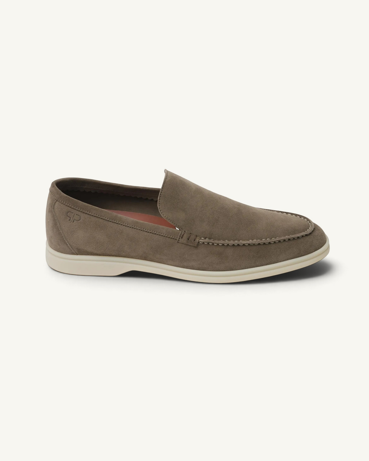 Prestige men's taupe suede Summer Walk loafer with a white rubber sole and embossed logo detail on the heel.