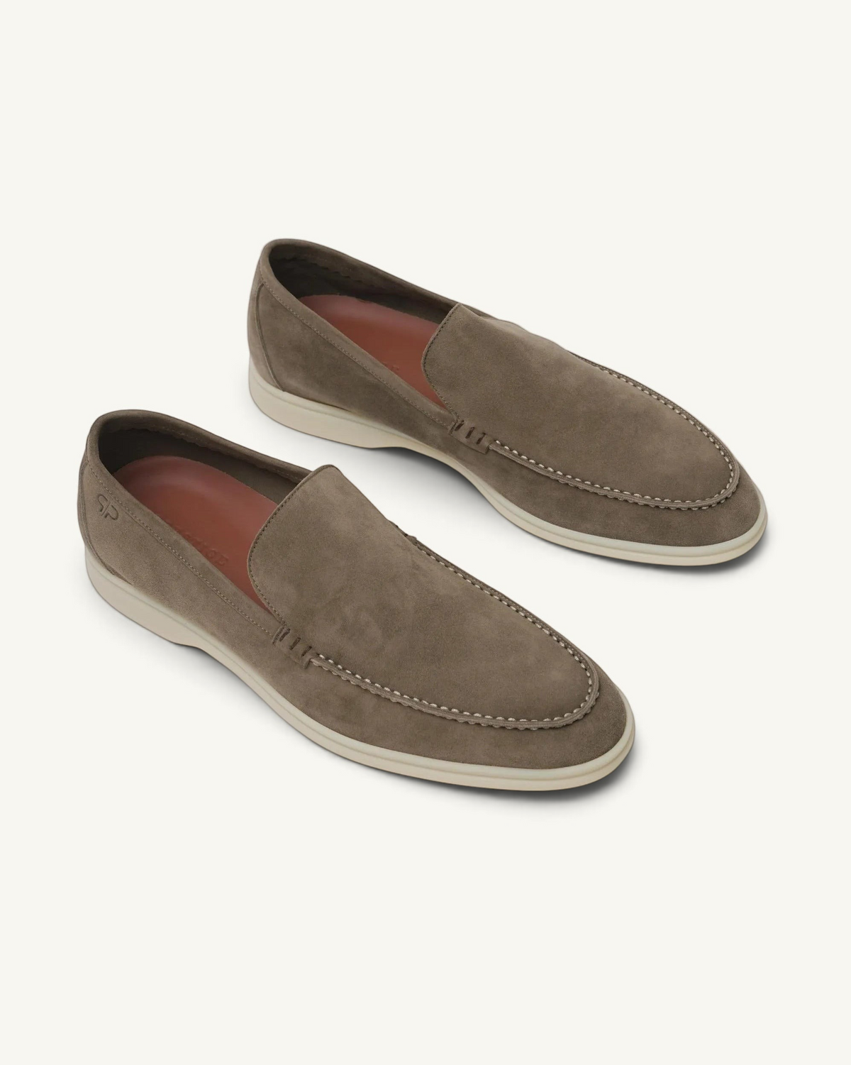 Prestige men's taupe suede Summer Walk loafers with white rubber soles and contrast stitching