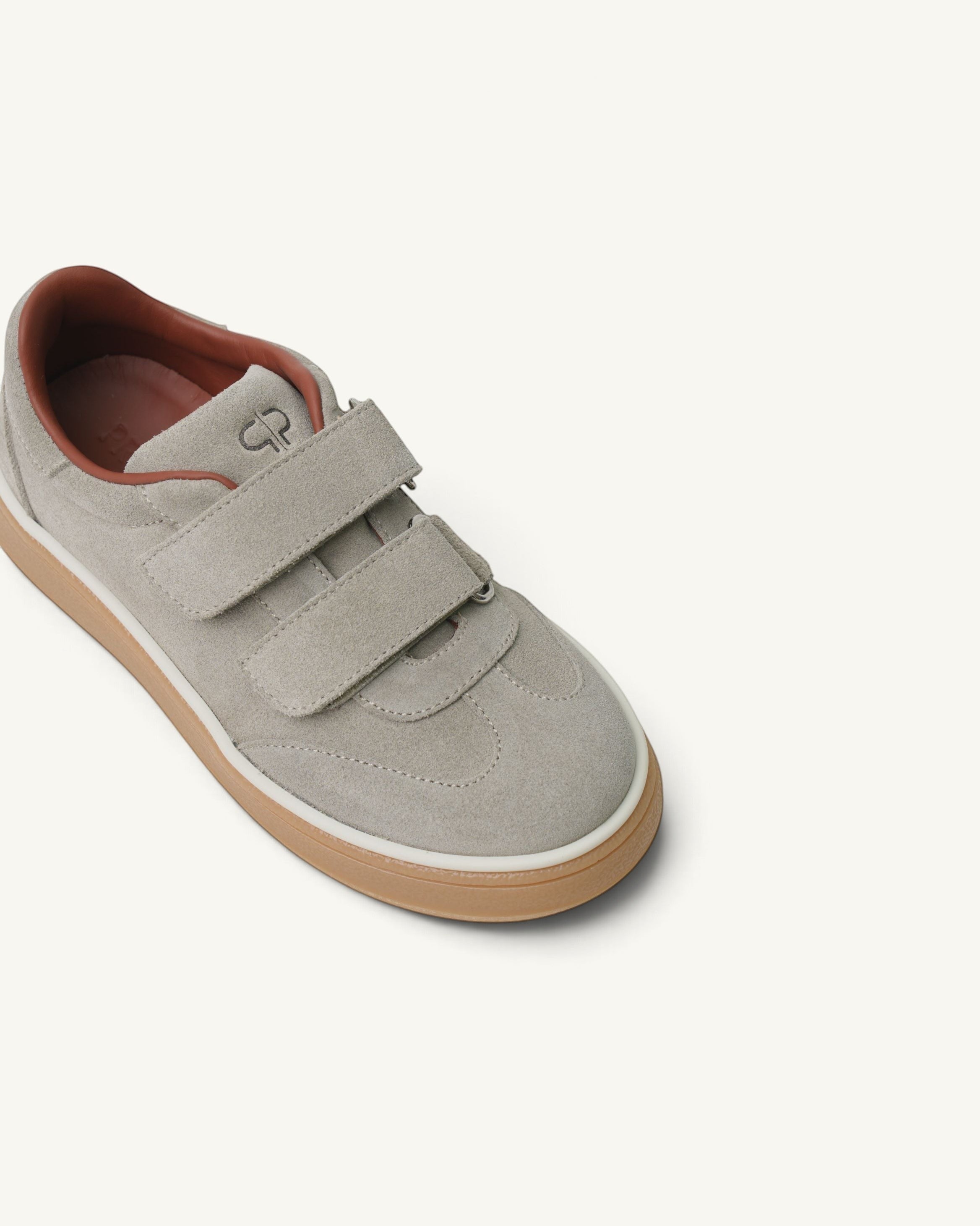 Prestige kids unisex tennis walk shoes in taupe velour with double velcro straps and a gum rubber sole