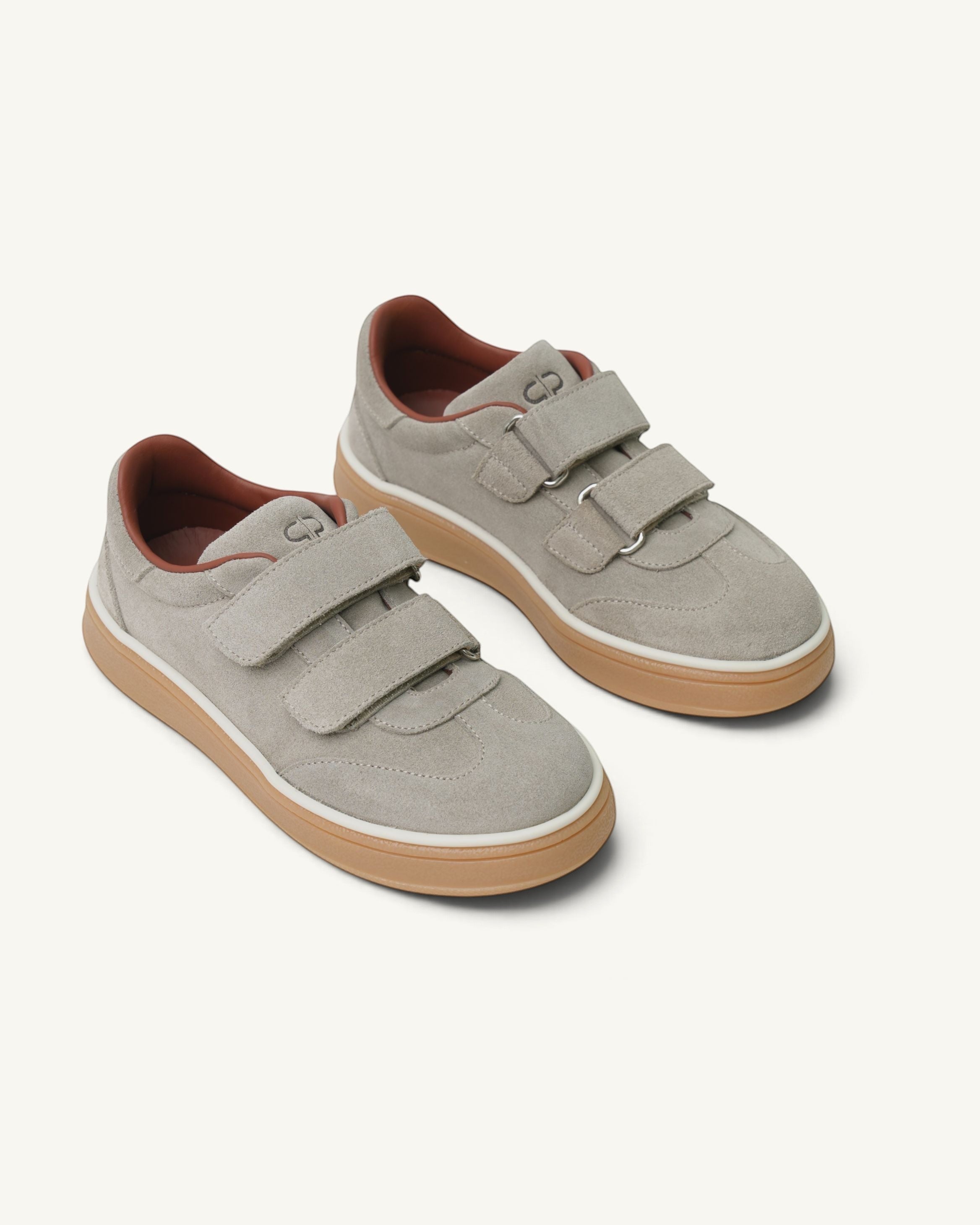 Prestige kids unisex taupe velour tennis shoes with double velcro straps and gum rubber soles