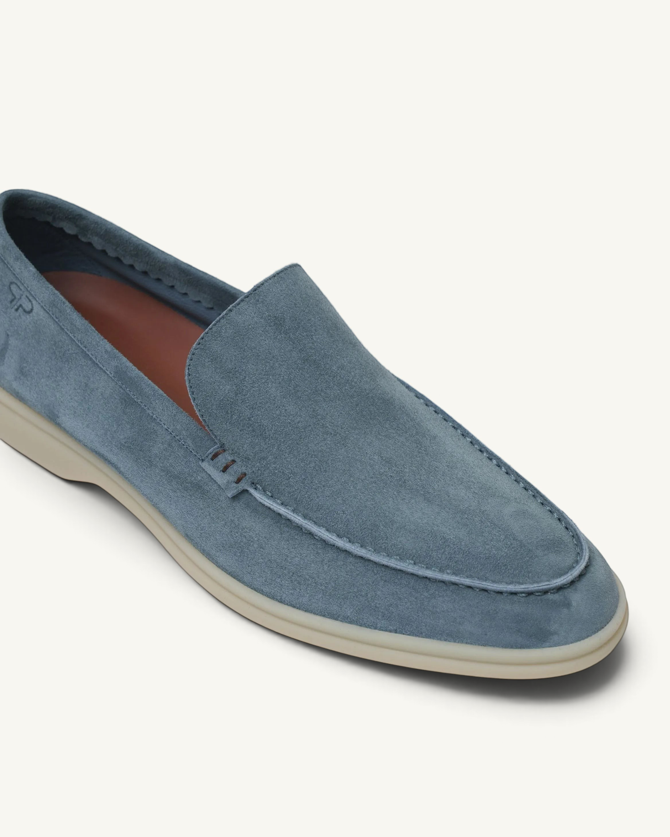 Prestige PSM092S Loafer Walk slip-on shoe in titan blue suede with a contrasting light beige rubber sole.