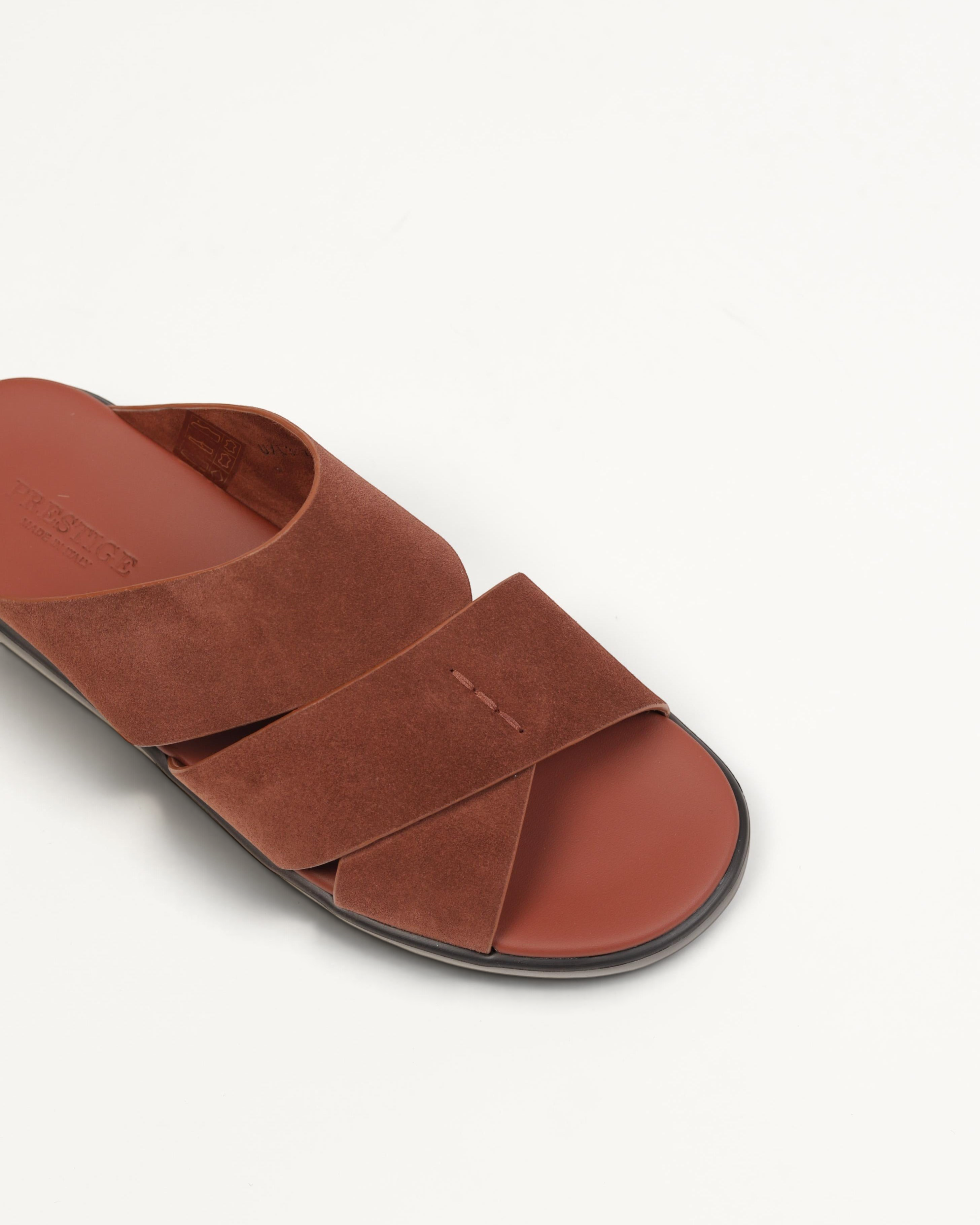 Prestige PVNL-XL3 velour castagna brown suede slide sandals with a comfortable footbed and crisscross strap design.