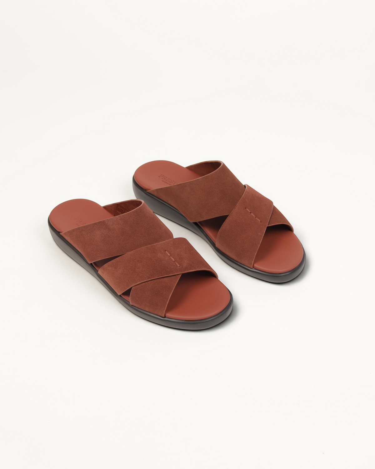 Prestige PVNL-XL3 slide sandals in castagna brown velour with crisscross straps and a comfortable contoured footbed.