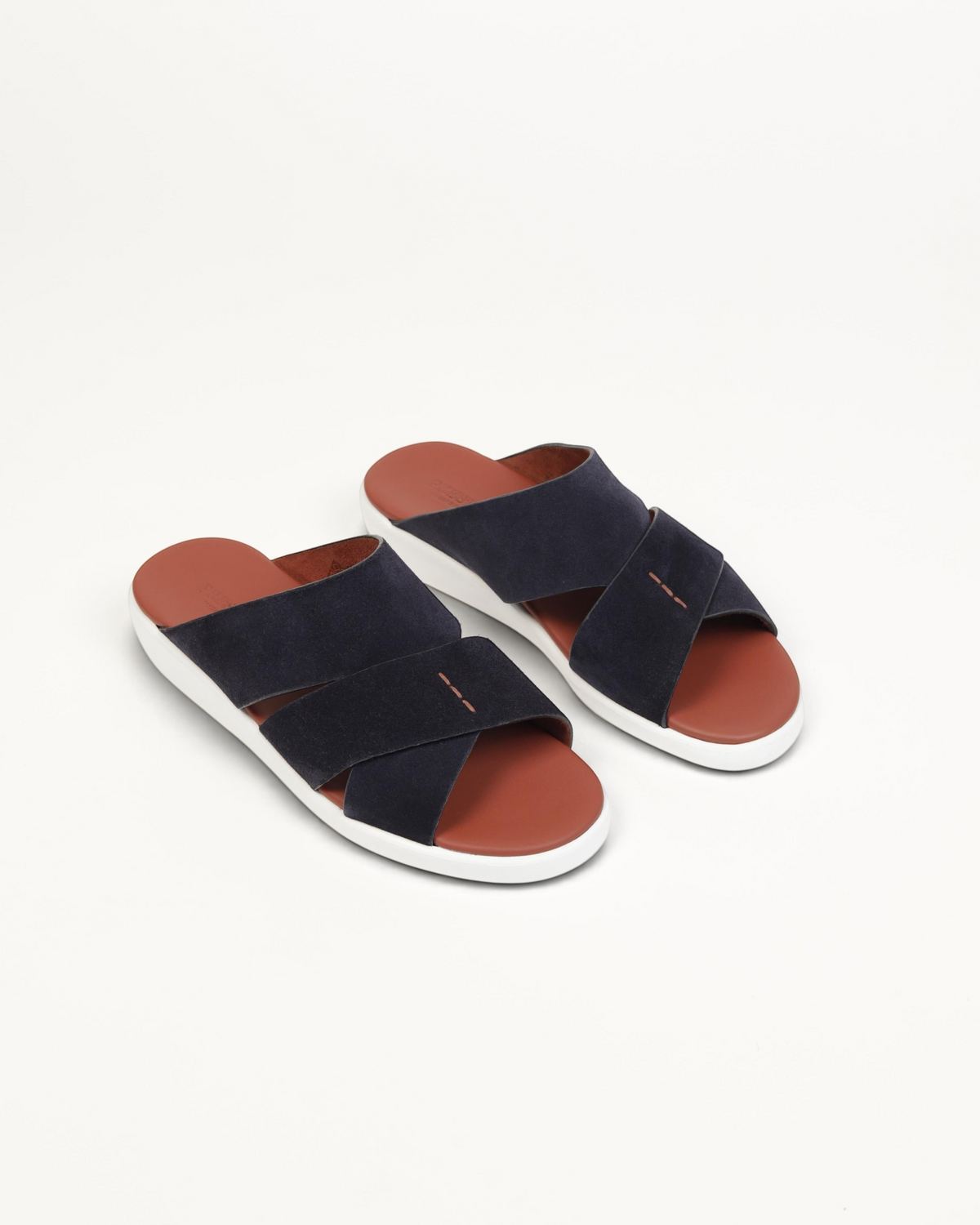 Prestige PVNL-XL3 velour sport slides in abisso blue with crisscross straps, brown leather footbed, and white sole.