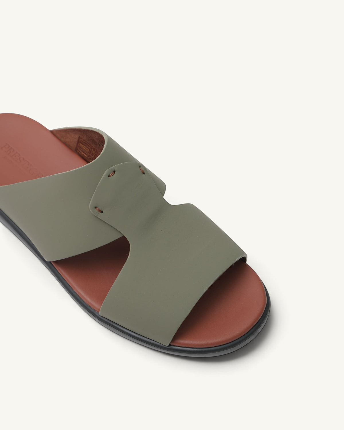 Prestige men's extra light slide sandals in verdone green soft nappa calf leather with a brown footbed.