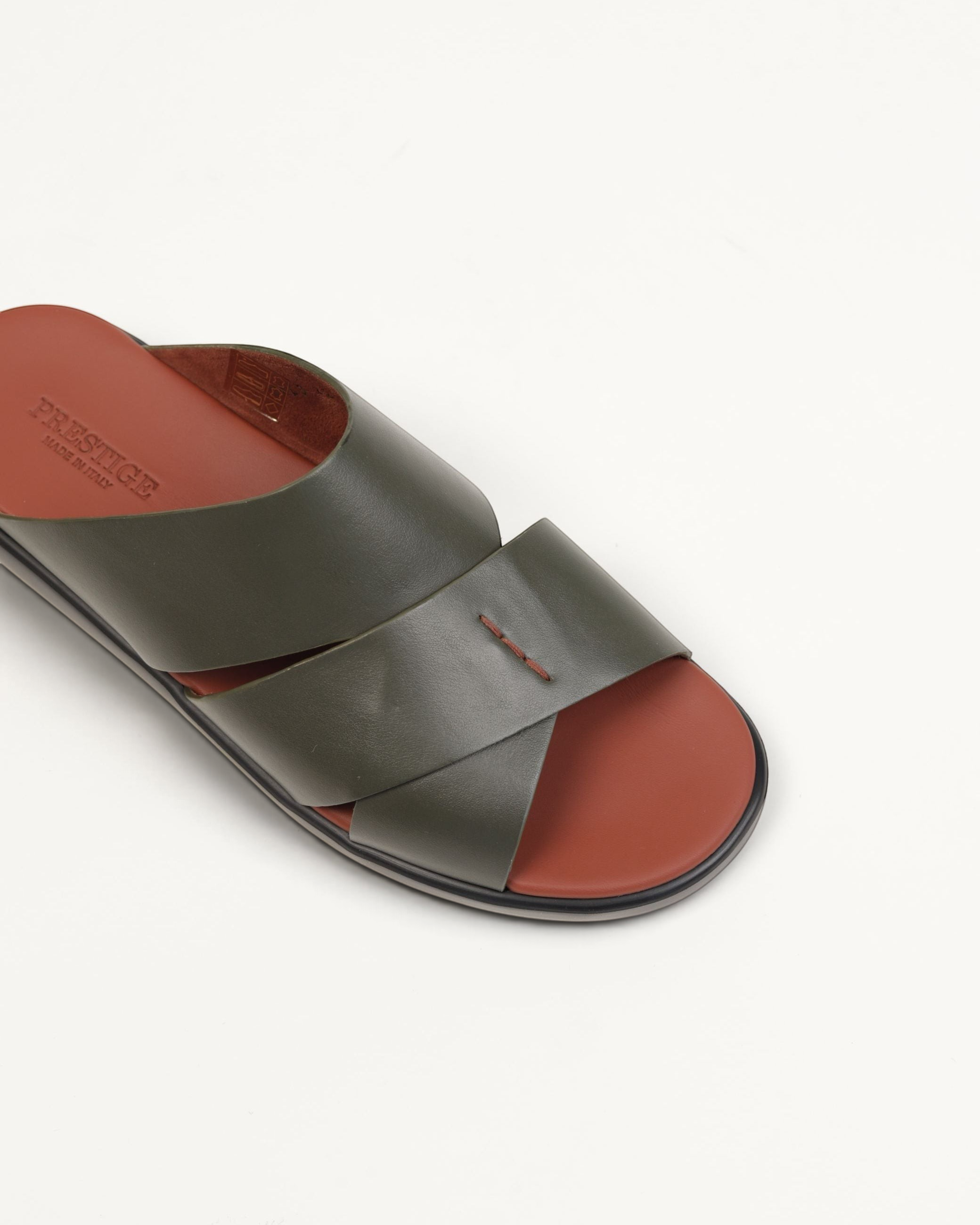 Prestige men's extra light sandals in verdone green soft nappa leather with a brown footbed and cross-strap design.