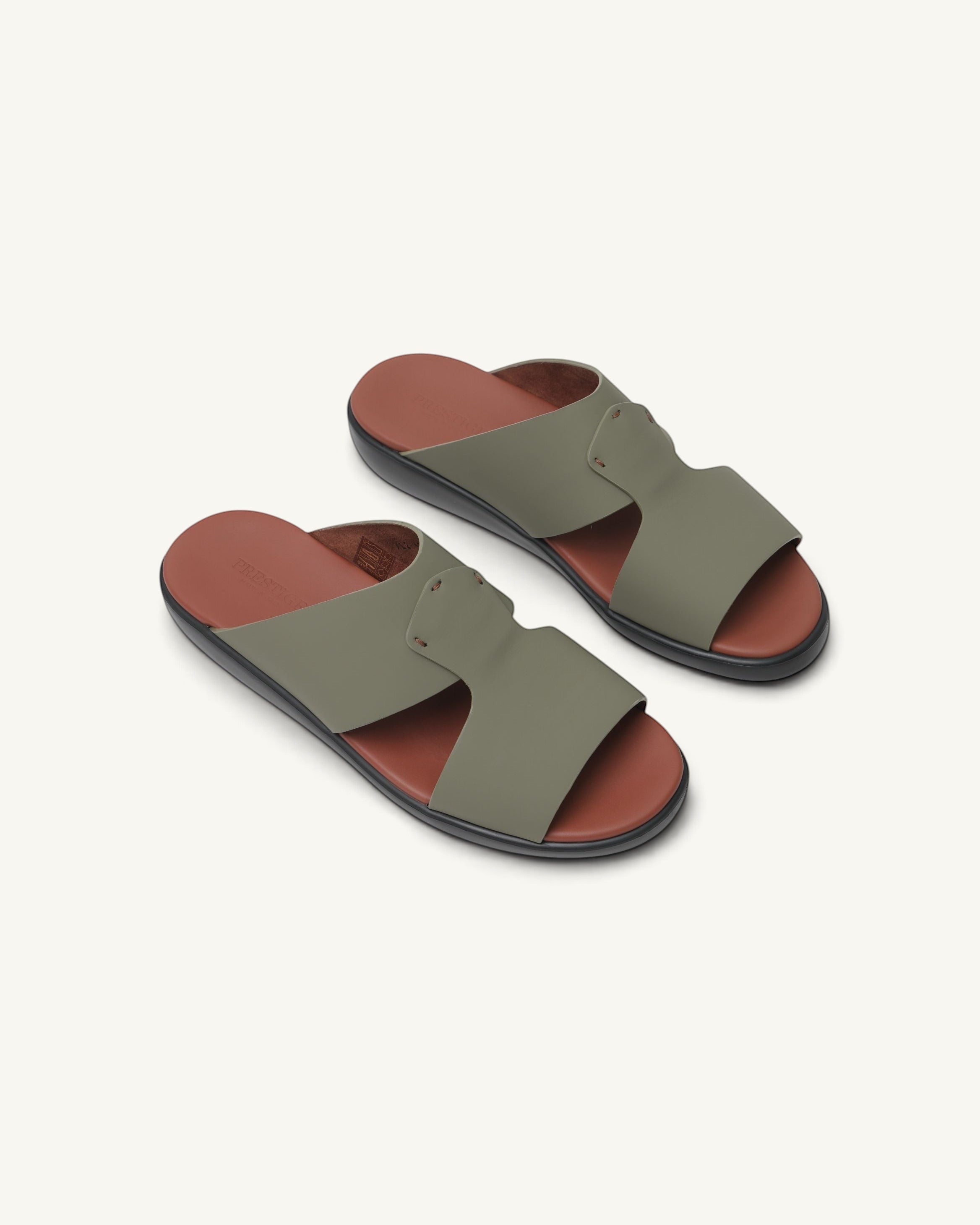 Prestige men's extra light sandals in verdone green soft nappa calf leather with a brown footbed