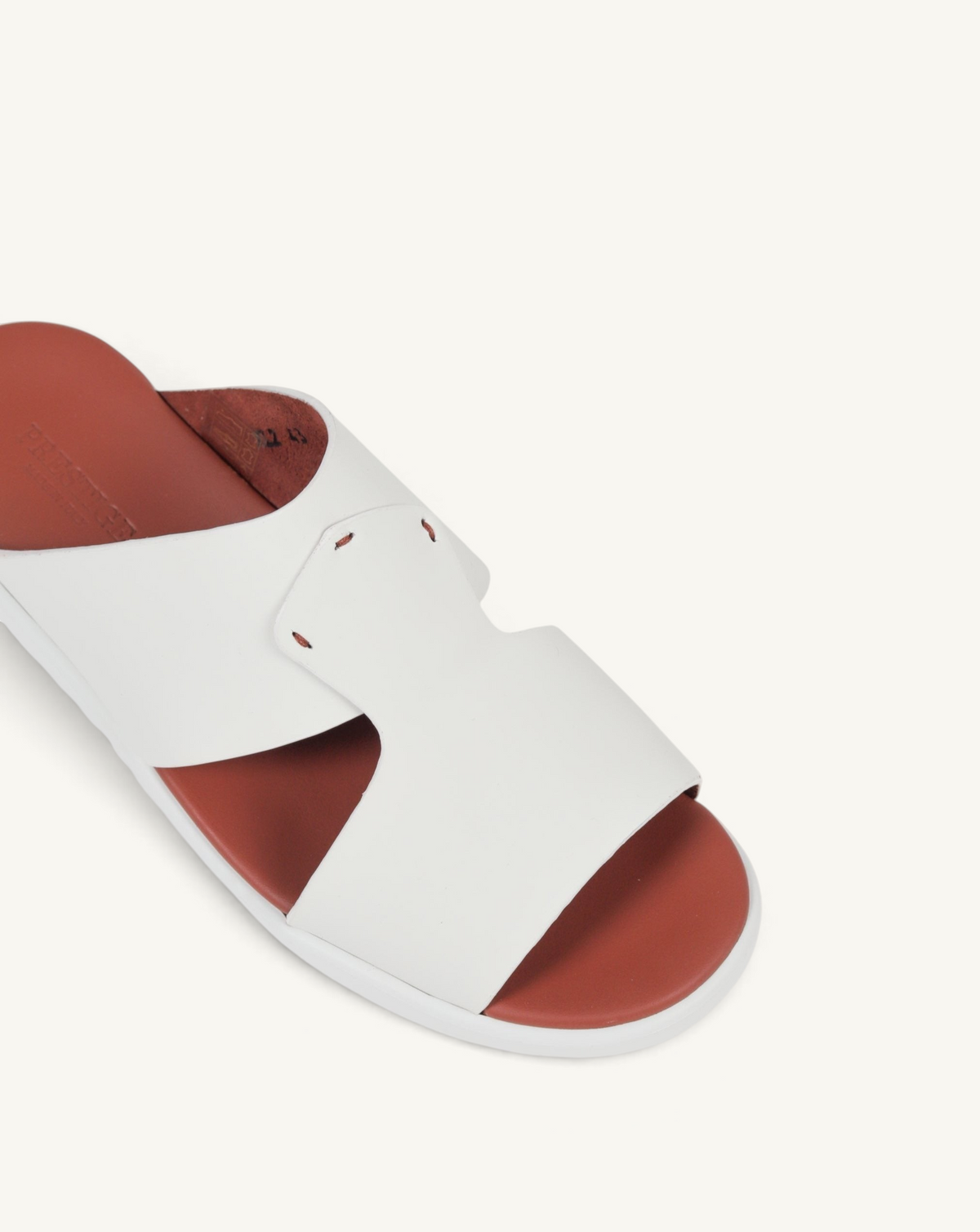 Prestige PG-XL2 slide sandals in white gommato leather with a contrasting terracotta footbed