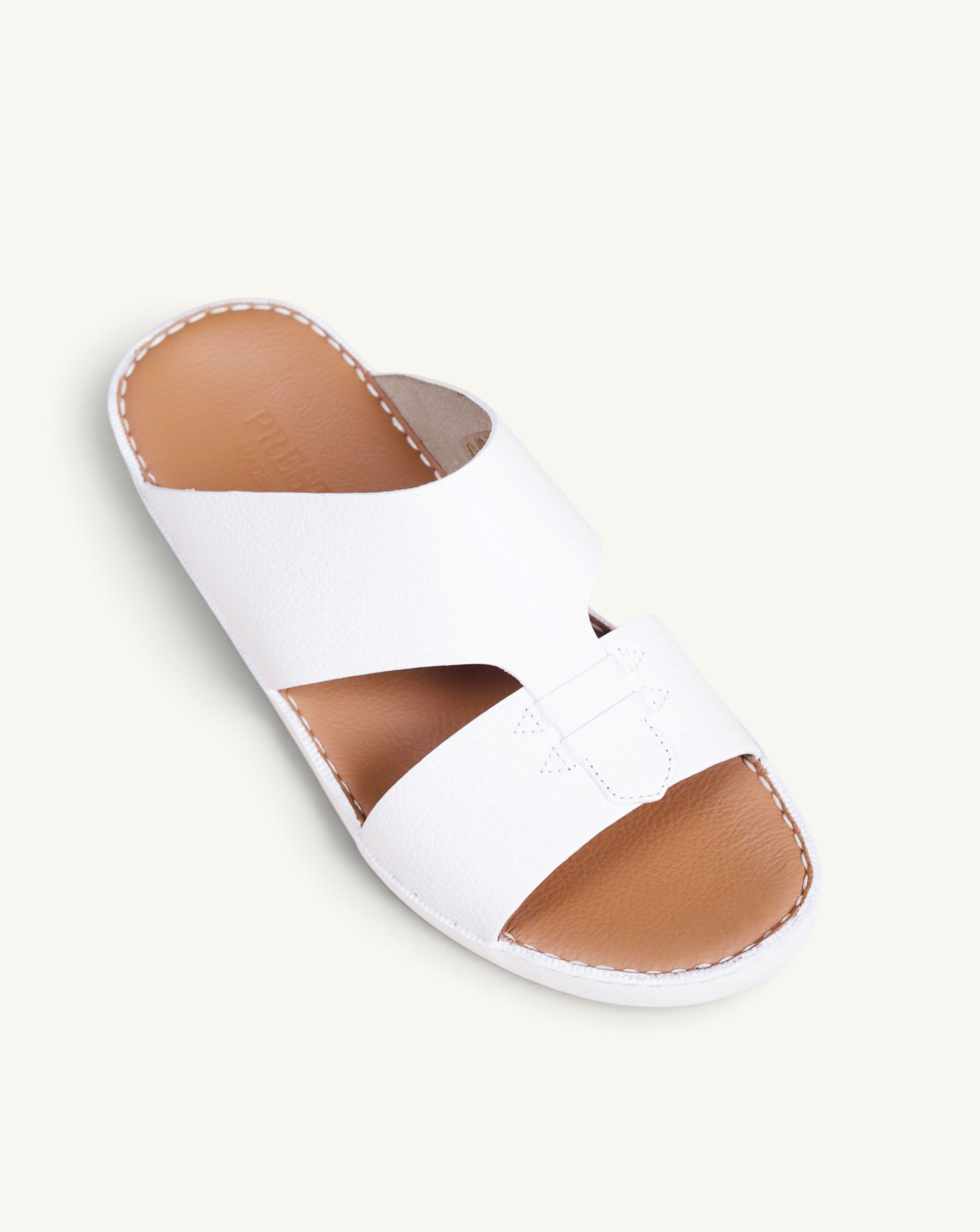Prestige P3306 Elegance Trotter white leather slide sandal with tan footbed and contrast stitching