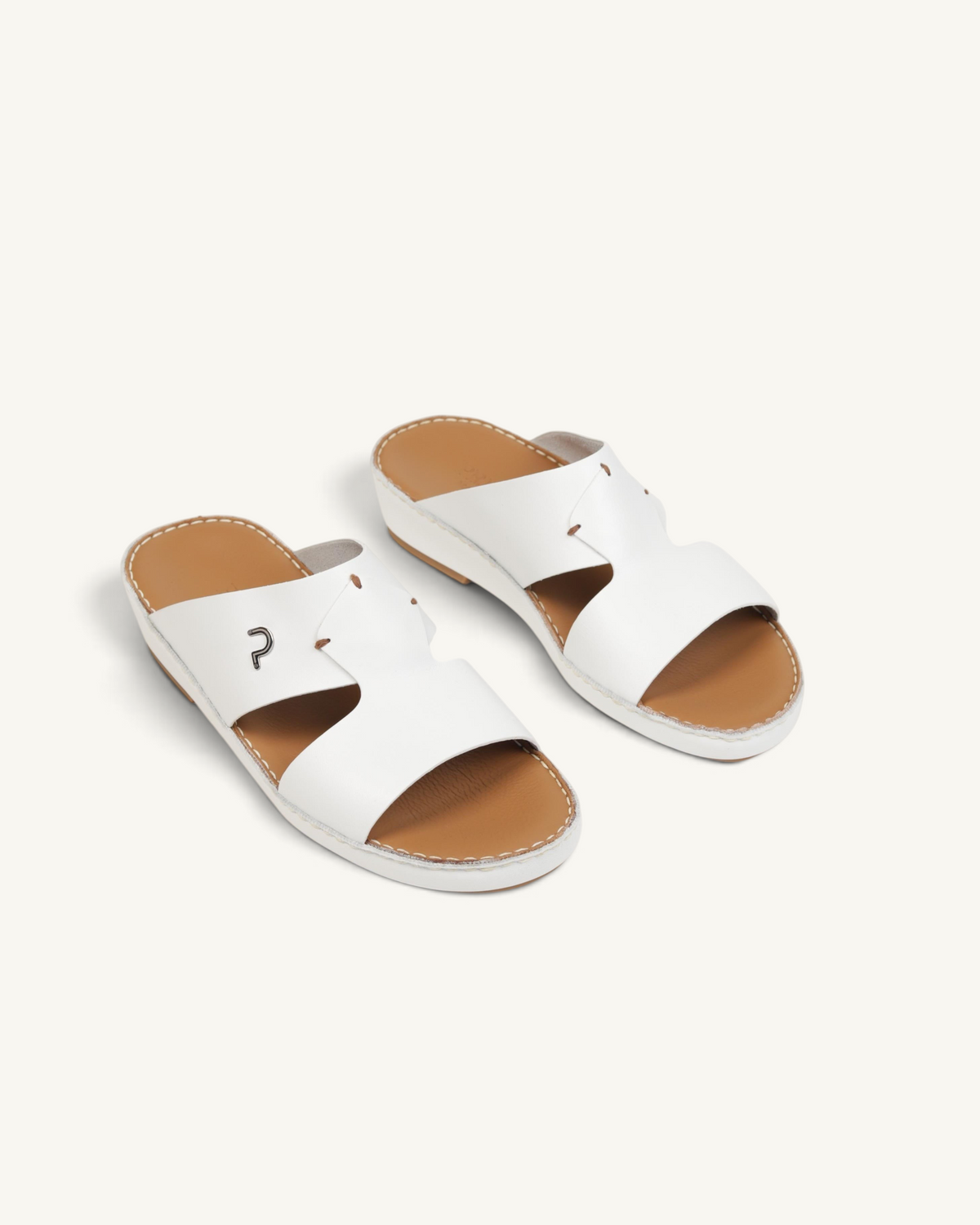 Prestige P3345 Phantom NC white leather slide sandals with tan insoles and a metallic logo detail
