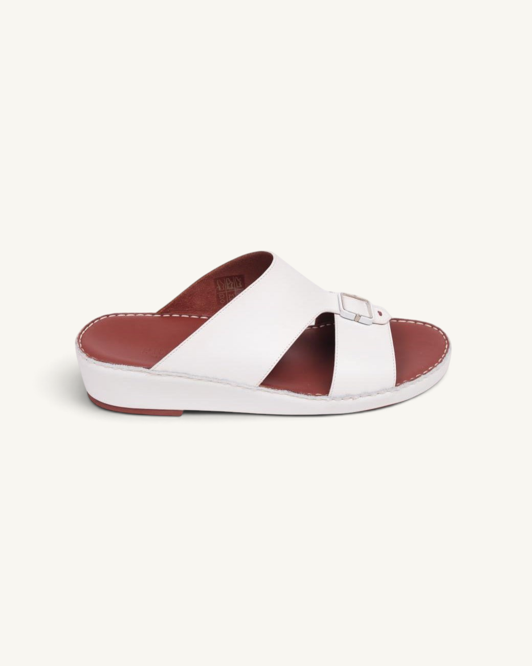 Prestige P3439 LEGACY LUX white napa leather slide sandal with a brown footbed and adjustable buckle side view