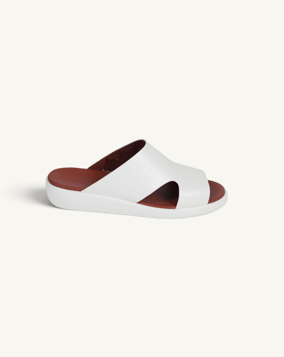Prestige PSNC-XL5 slide sandals in white soft nappa calf leather with a contrasting brown footbed and white sole.