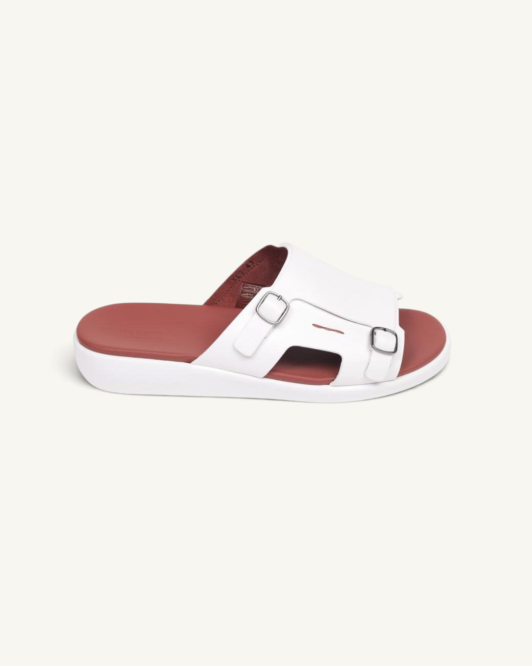 Prestige PSNC-XL9 white soft nappa calf leather slide sandals with dual silver buckles and a contrasting red footbed