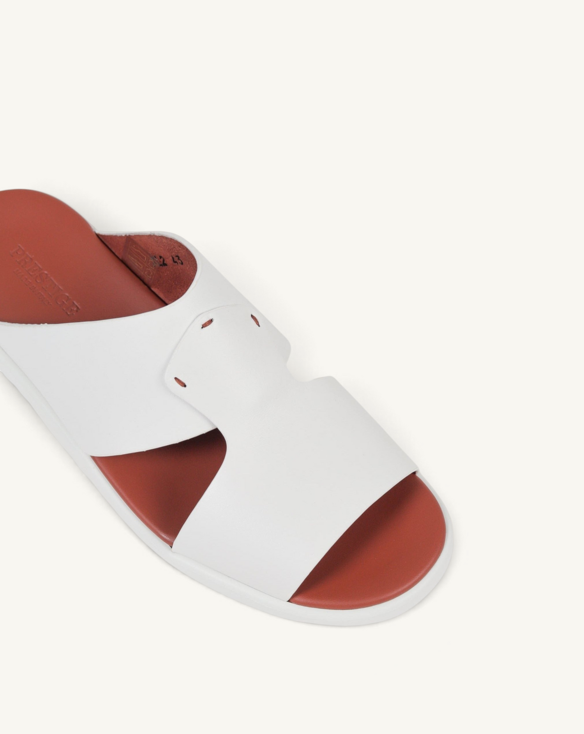 Prestige white soft nappa calf leather slide sandal with a contrasting terracotta footbed